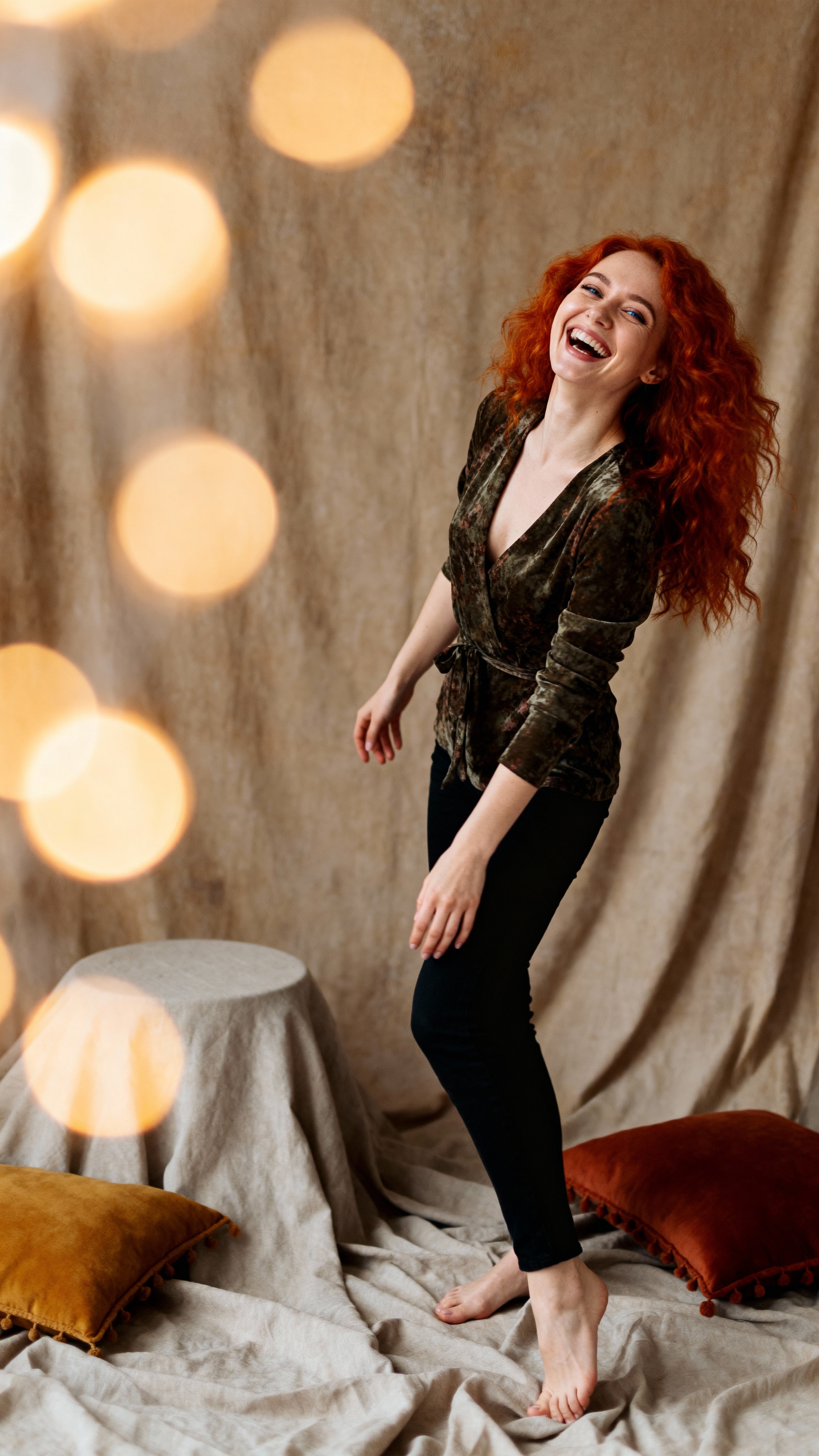 A gorgeous redhead woman in a creative, artistic portrait session. Tall 9:16 frame emphasizing a candid laugh pose, natural expression, dynamic composition, soft flattering lighting, shallow depth of field, rich warm tones, and tasteful ret