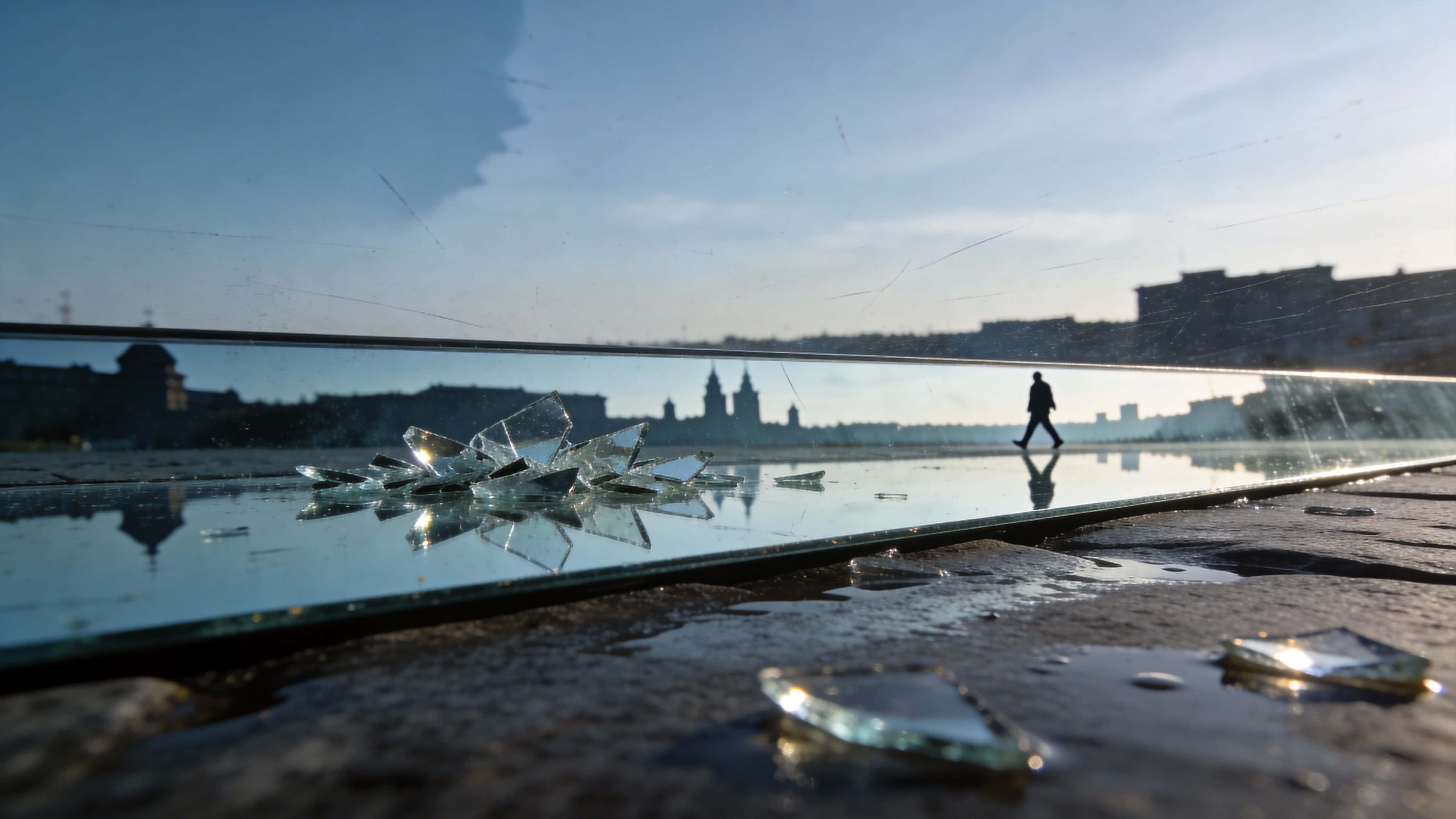 A surreal reflection scene captured as abstract photography for a 16:9 wallpaper, showing a mirror surface that reveals an alternate reality beyond the frame.