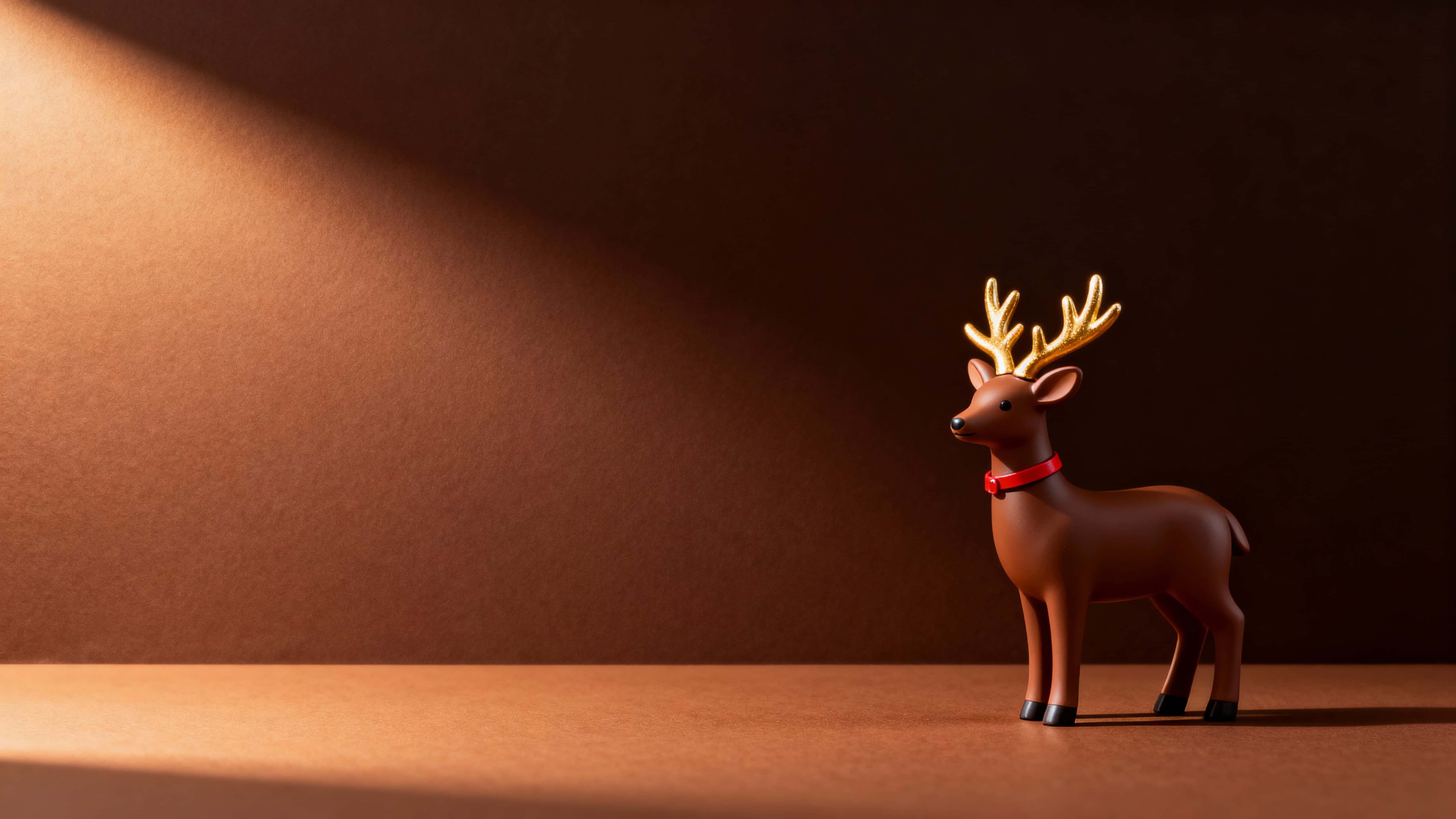 A stylized reindeer figurine in warm caramel brown with golden antlers and a red collar stands near the right third of a wide chocolate-brown background, leaving calm gradient space to the left.