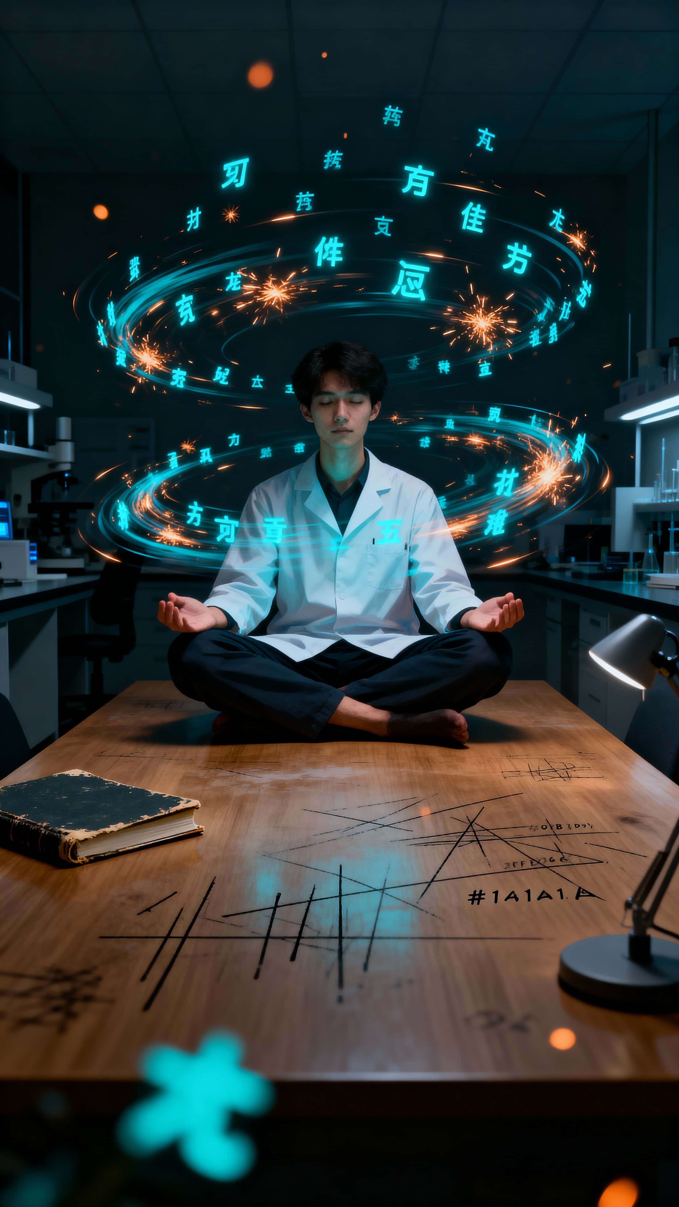 A lone researcher sits calmly as a swirling storm of tiny glowing characters rushes around them in a dark lab, conveying focused wonder and quiet intensity.