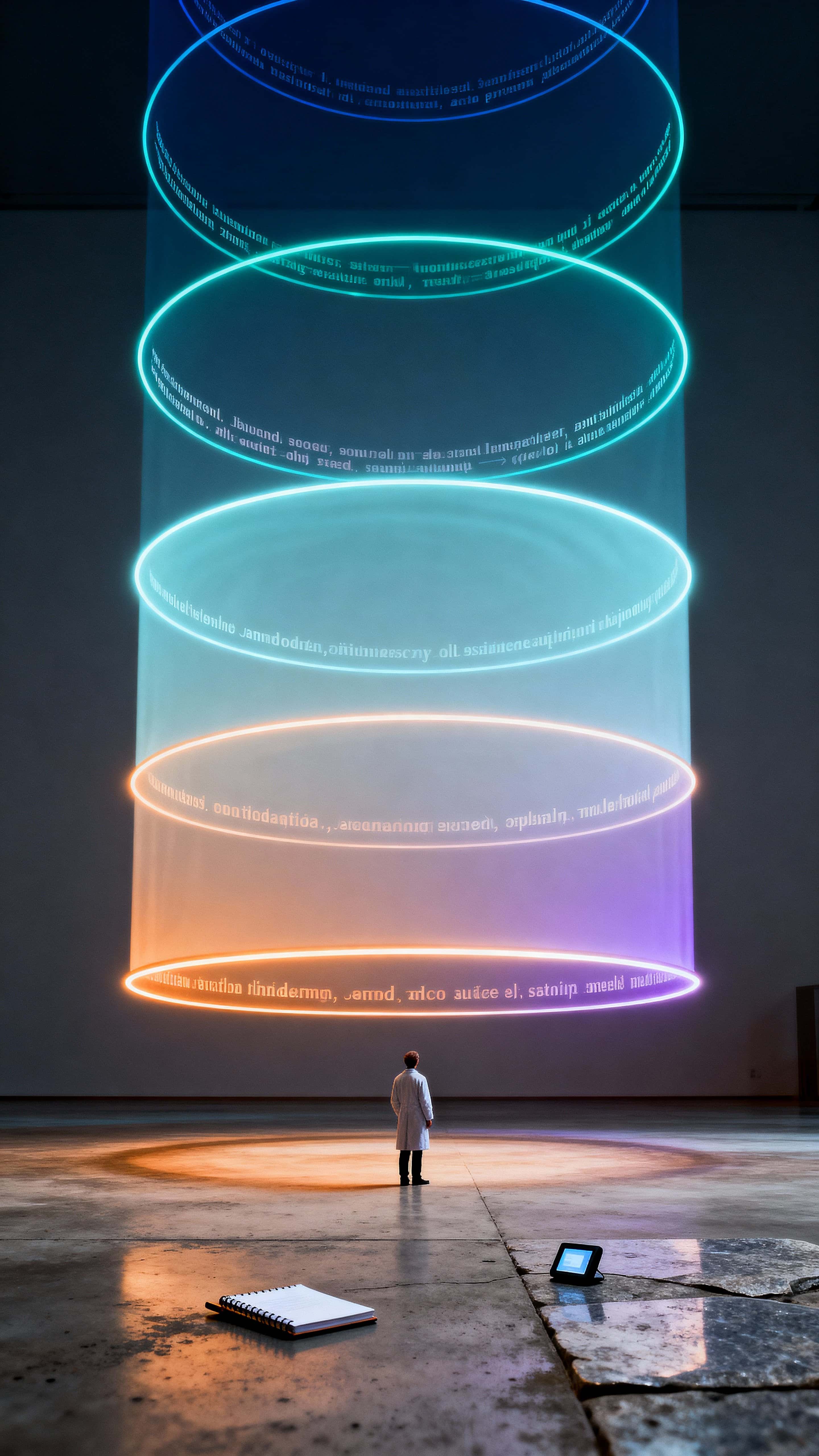 A researcher stands within a narrow vertical space as glowing concentric circles rise from the floor like water ripples, each luminous ring carrying fragmented, legible text that hints at discovery and data in motion.