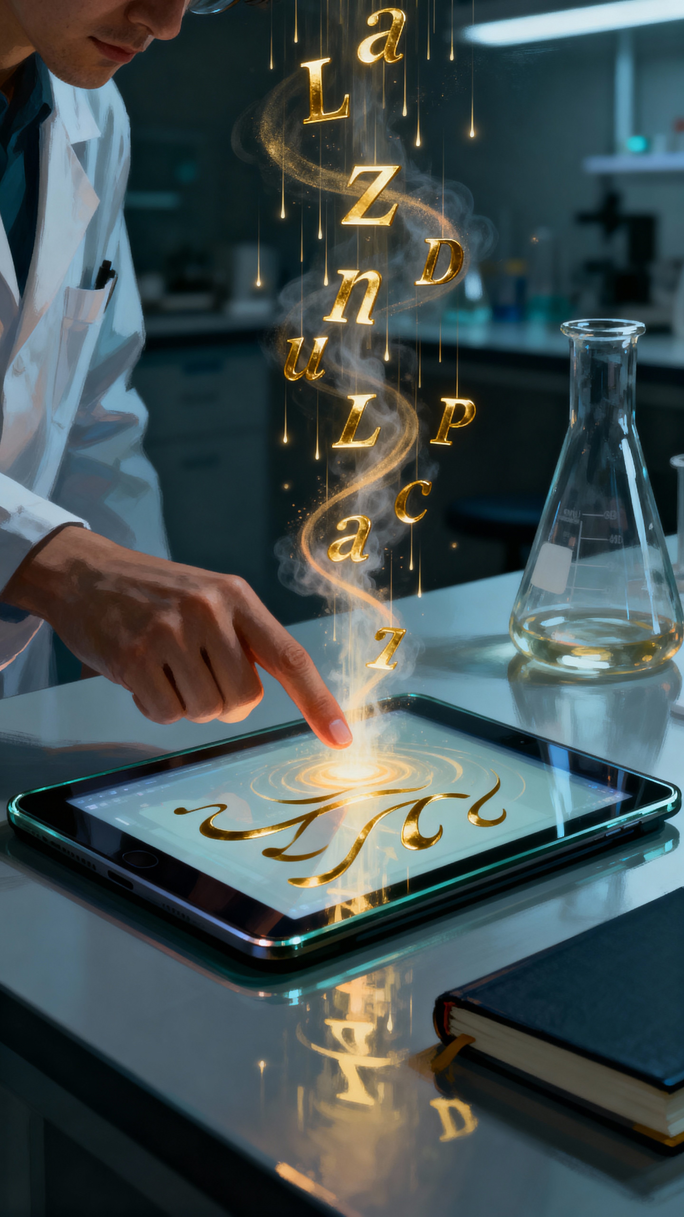 A researcher touches a tablet and a vertical fountain of golden glyphs streams upward into a dark lab, arching and raining luminous text back down in a slow, poetic shower of characters.
