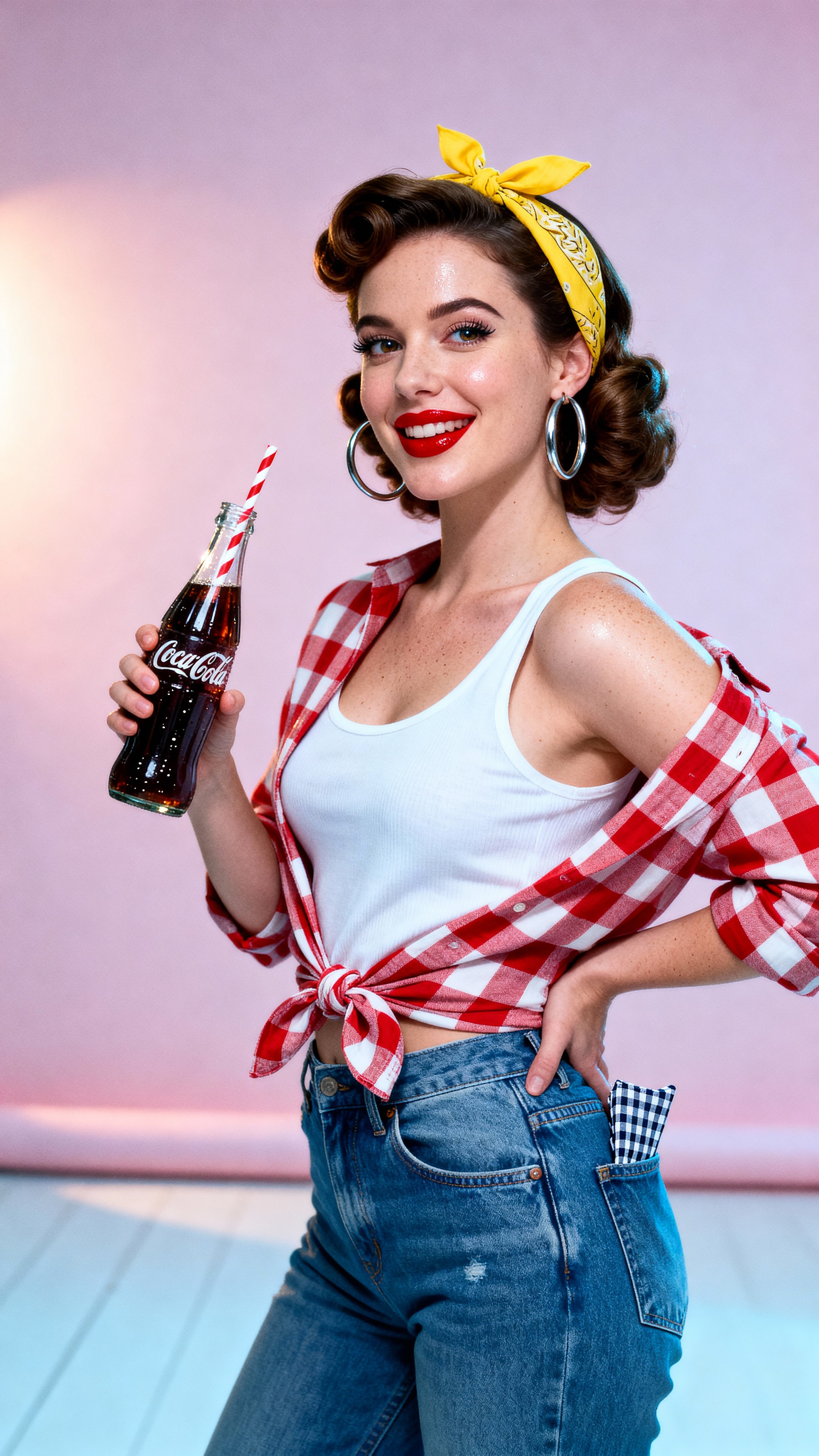 Ultra-realistic portrait of a cheerful 1950s pin-up woman in retro fashion, holding a glass soda bottle against a pastel pink backdrop with vibrant colors.