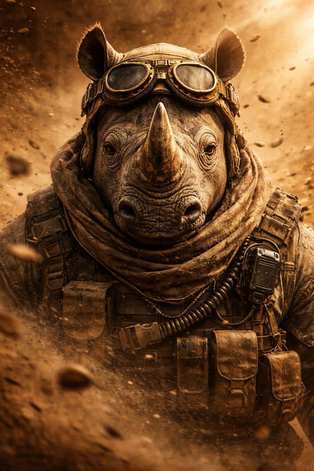 A highly detailed portrait of a rhinoceros warrior in steampunk military gear during a fierce desert sandstorm, ideal for a cinematic character poster.