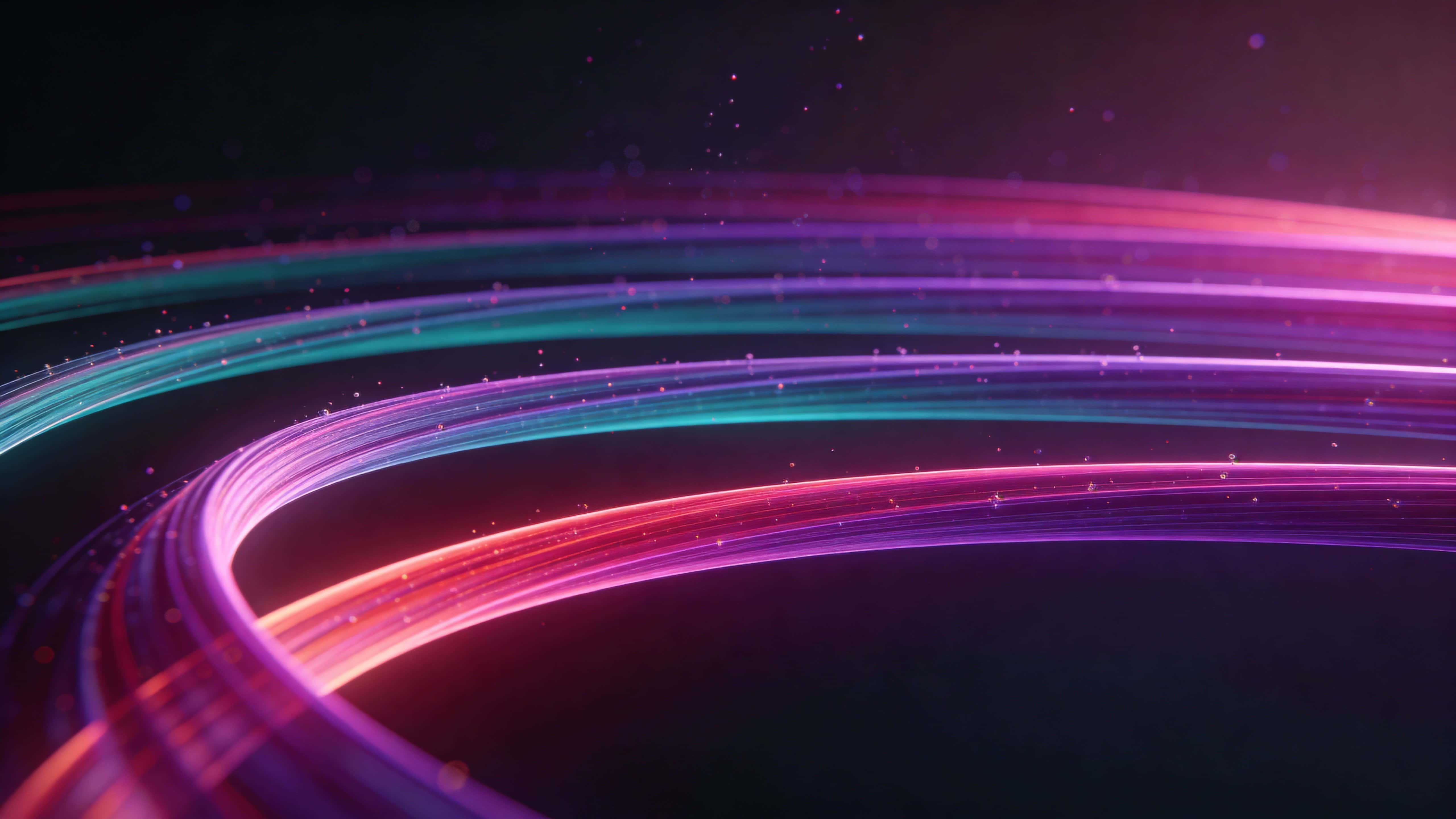 A set of radiant, ribbon-like energy strands twists horizontally across a deep muted background, glowing magenta, violet and teal with soft gradients, sharp foreground and drifting particles.