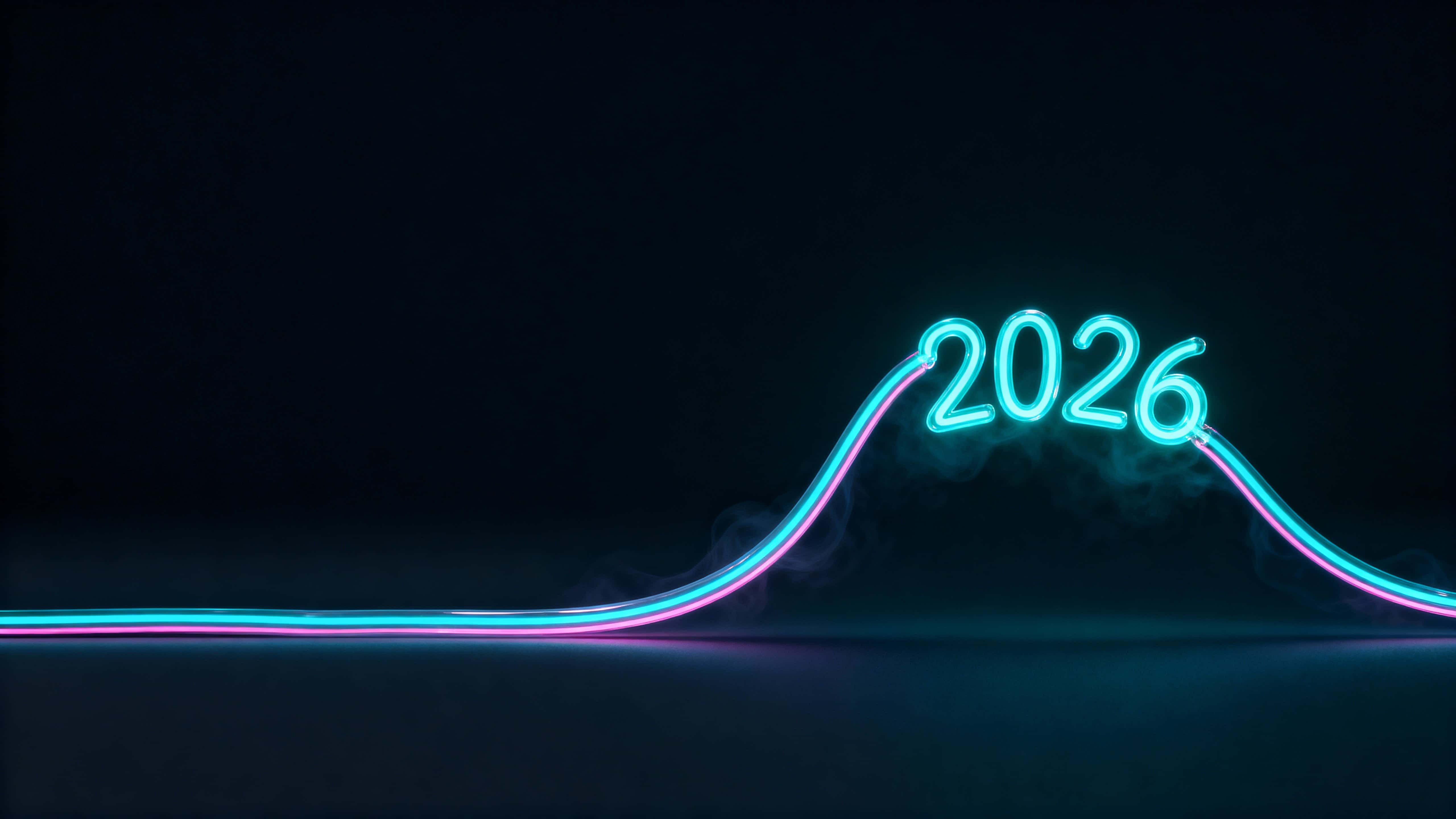 A thin neon ribbon arcs across a dark blank 16:9 frame, its curl briefly forming the digits "2026", minimal, calm, and futuristic.
