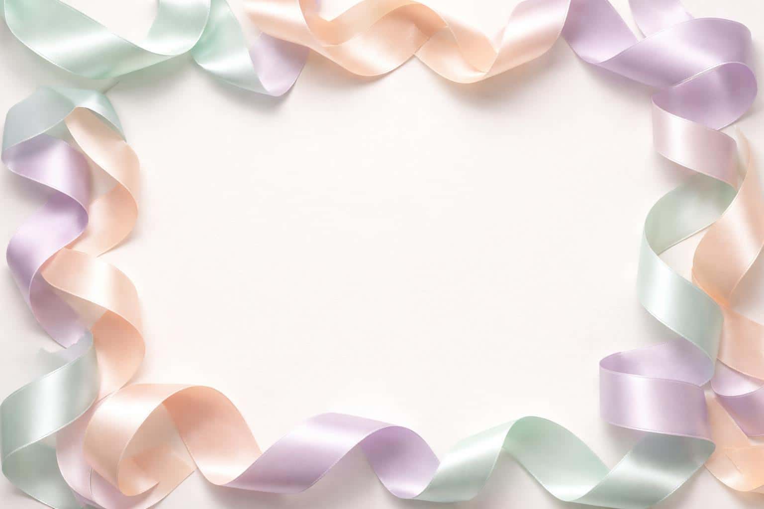 Close-up product photography of pastel ribbons arranged around a clean negative space, composed for a 3:2 wallpaper or poster with soft studio lighting and calm minimalism.