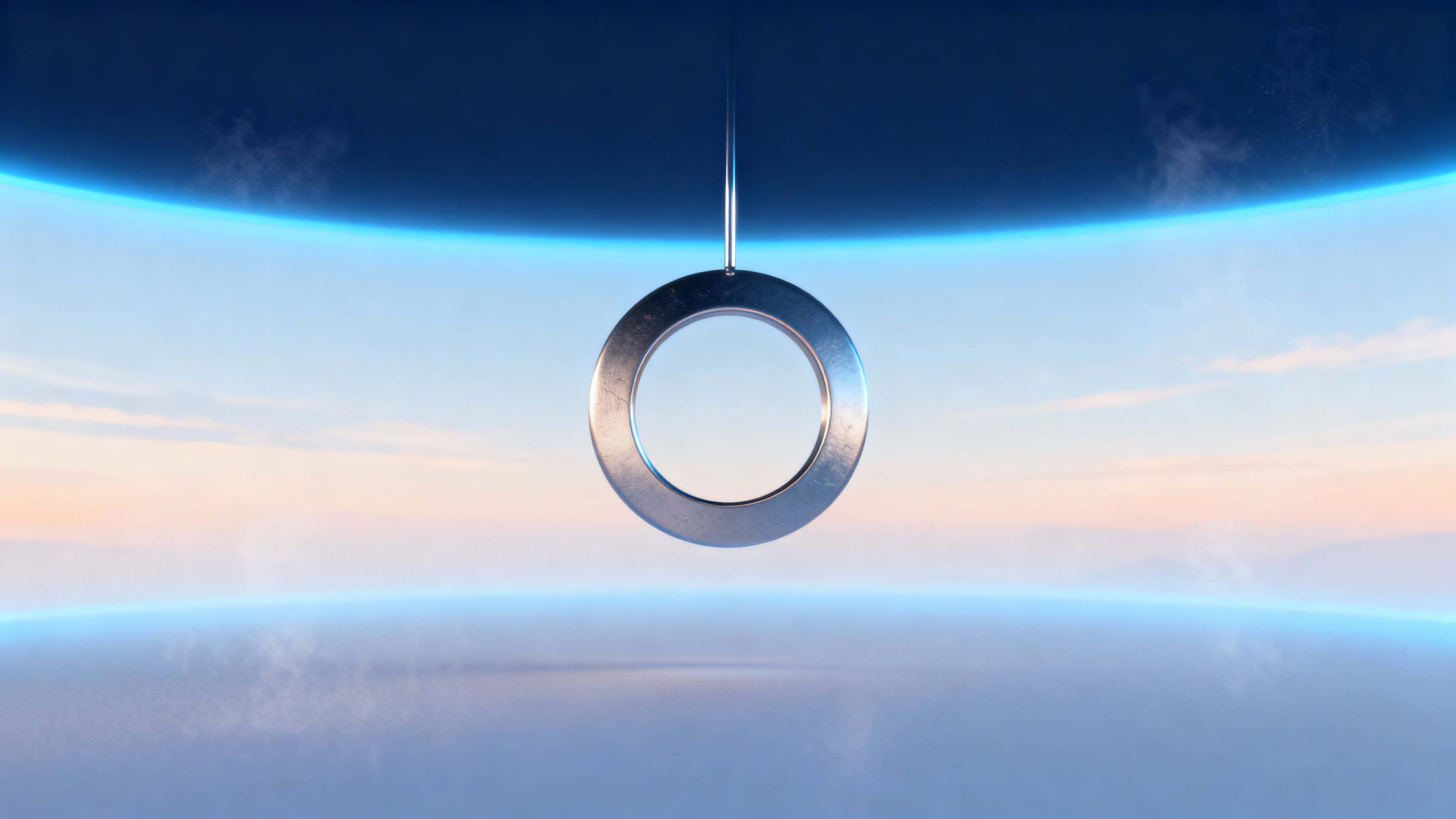 A solitary metallic ring floats centered within a serene horizontal gradient void, framed for 16:9 display with a balanced composition and calm, contemplative mood.