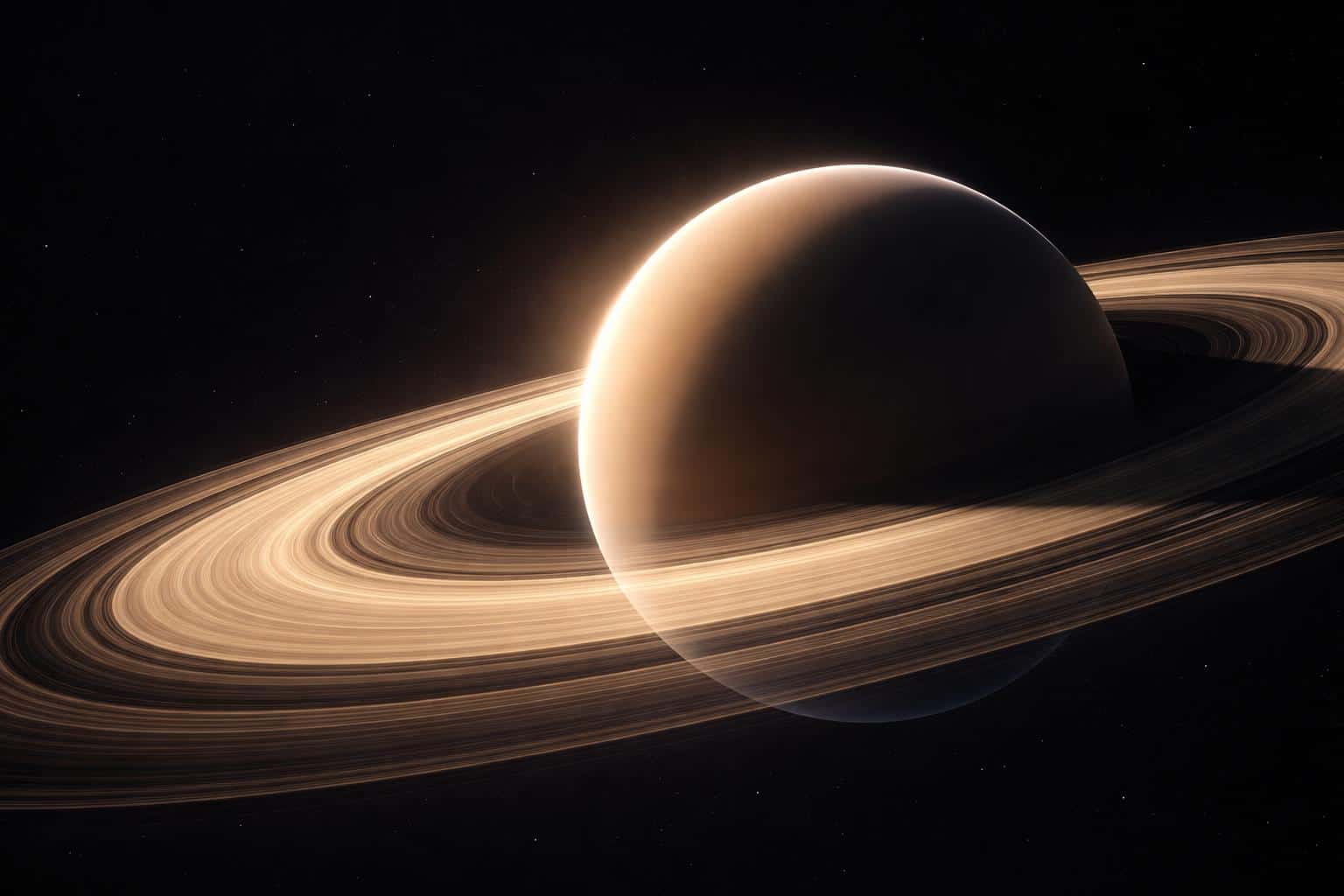 High-fidelity 3D render of a single ringed planet with glowing rings and deep black void, composed for a 3:2 wallpaper crop and dramatic display.