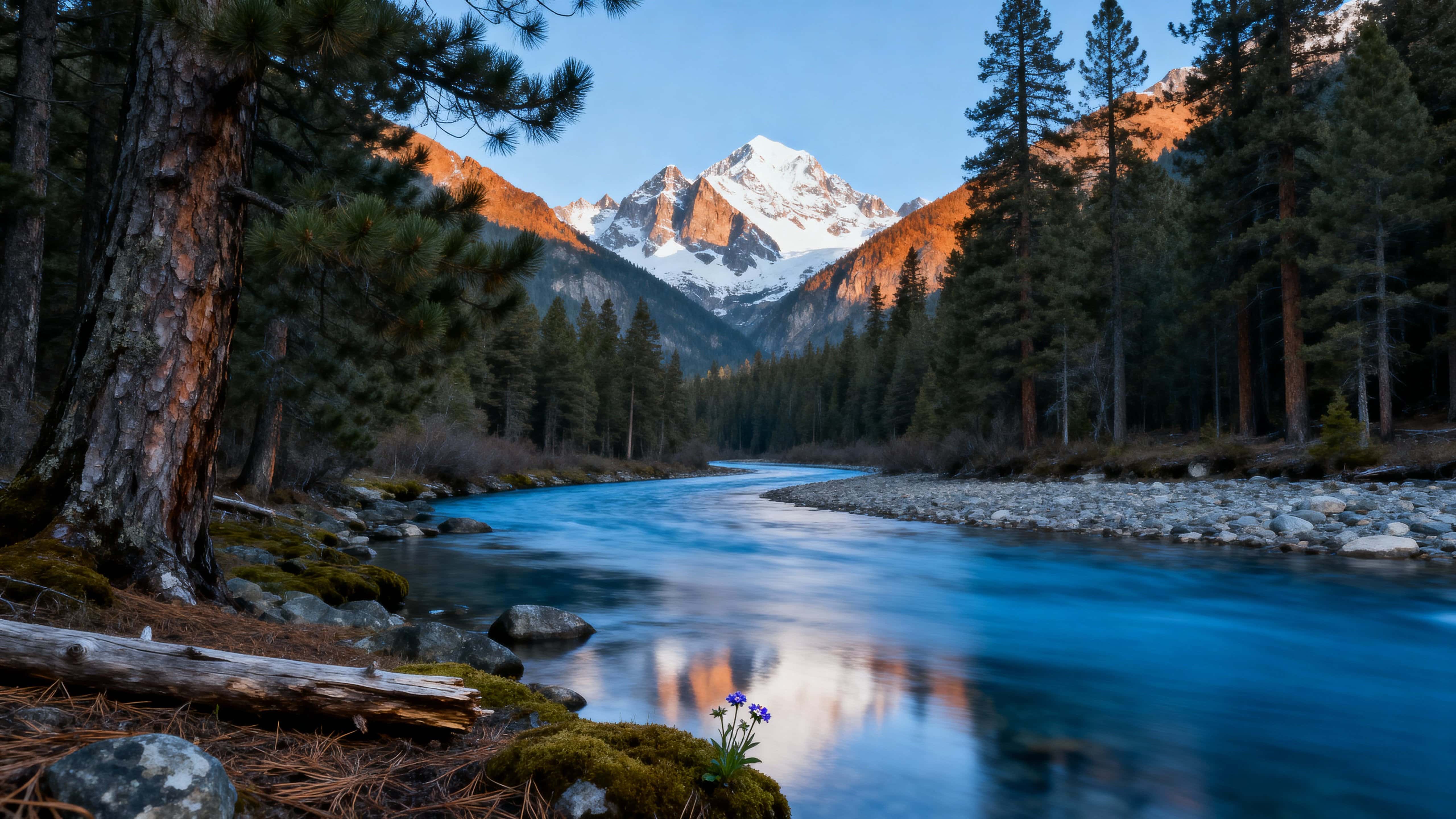 A clear blue river winds through a pine forest valley with distant snow peaks mirrored in calm water, rendered in cinematic natural tones and peaceful power.