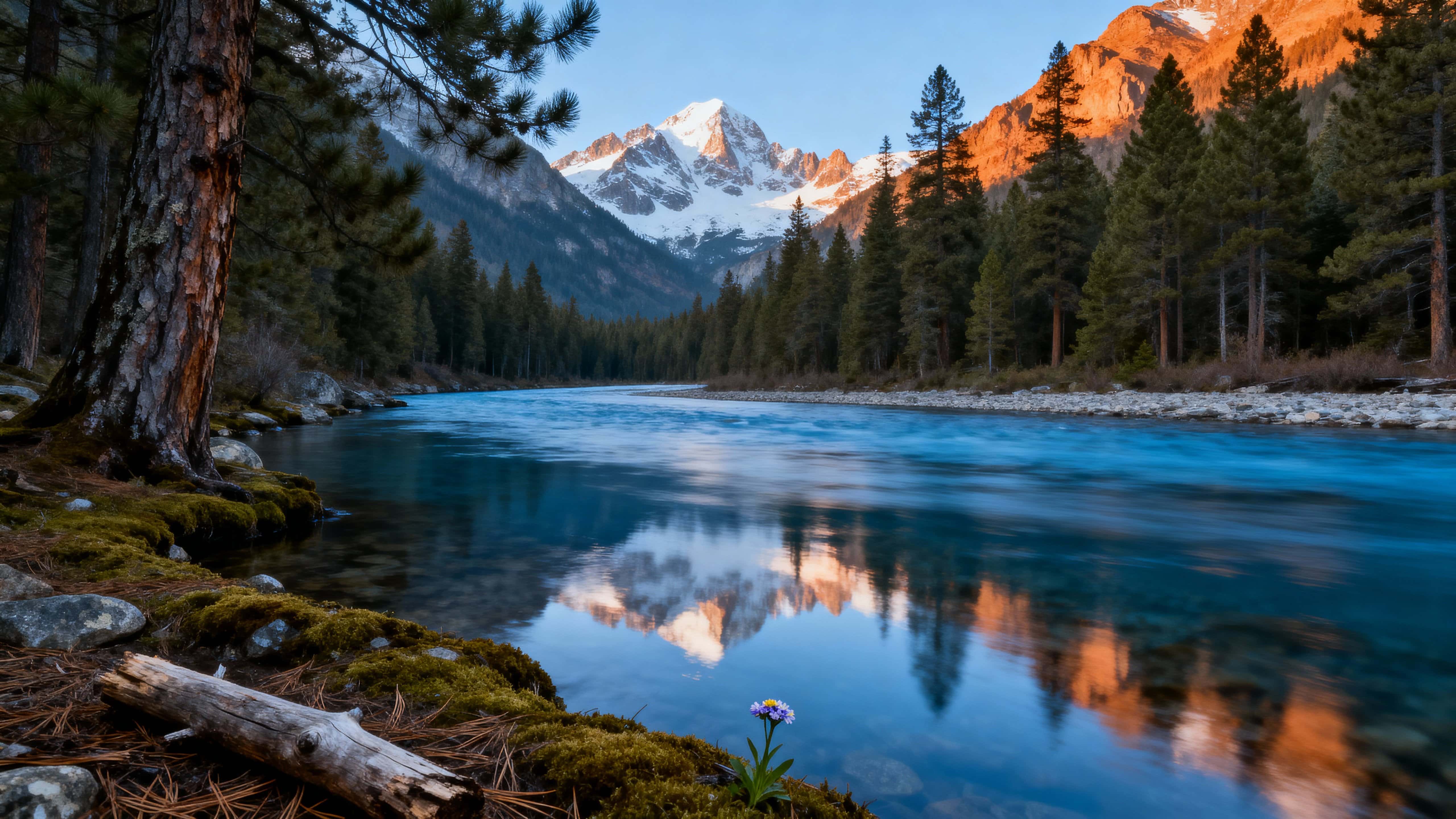 A clear blue river winds through a pine forest valley with distant snow peaks mirrored in calm water, rendered in cinematic natural tones and peaceful power.