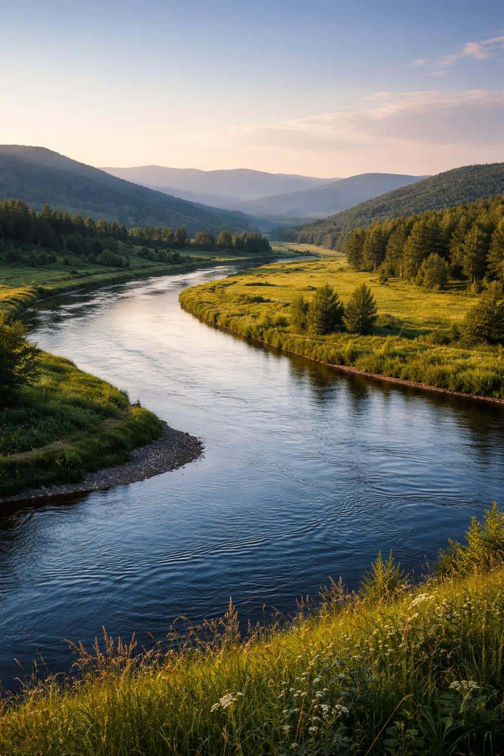 Wide river winding through a lush green valley captured as a vertical 2:3 landscape photograph with layered foreground, midground, and distant ridgelines for wallpaper use.