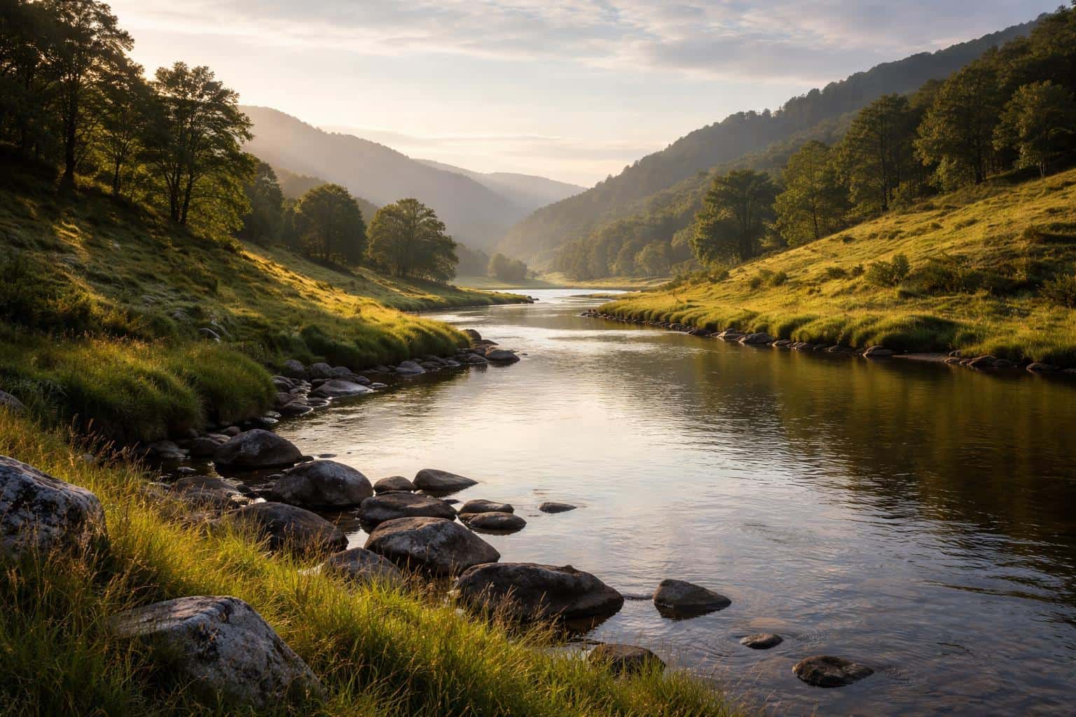 A calm river winding through a lush green valley, captured as a landscape photograph composed for a 3:2 aspect wallpaper with tranquil, natural lighting and soft textures.