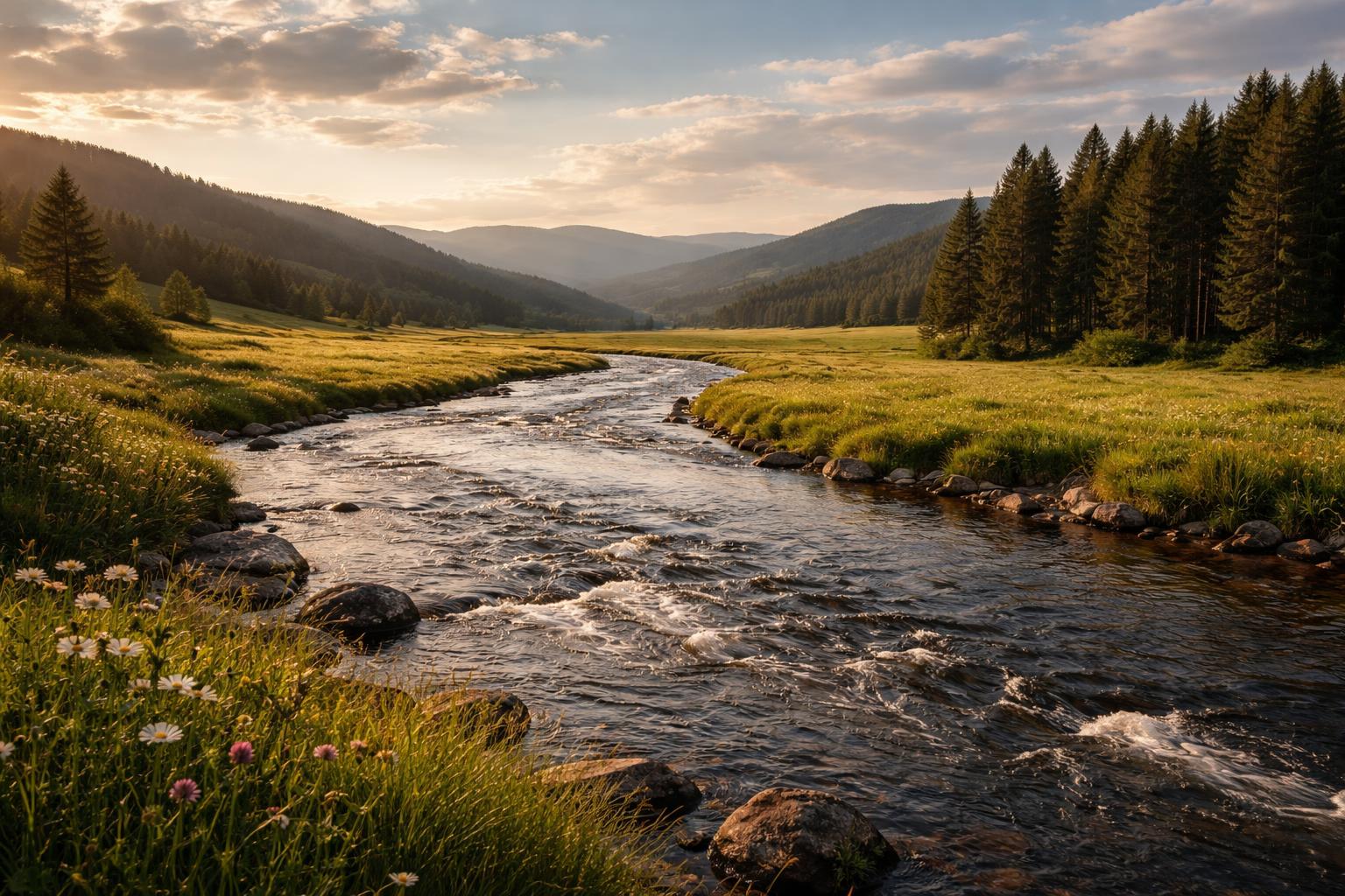 Wide river winding through a lush green valley, described as a landscape photograph with specific 3:2 framing guidance for print or wallpaper use and balanced composition.