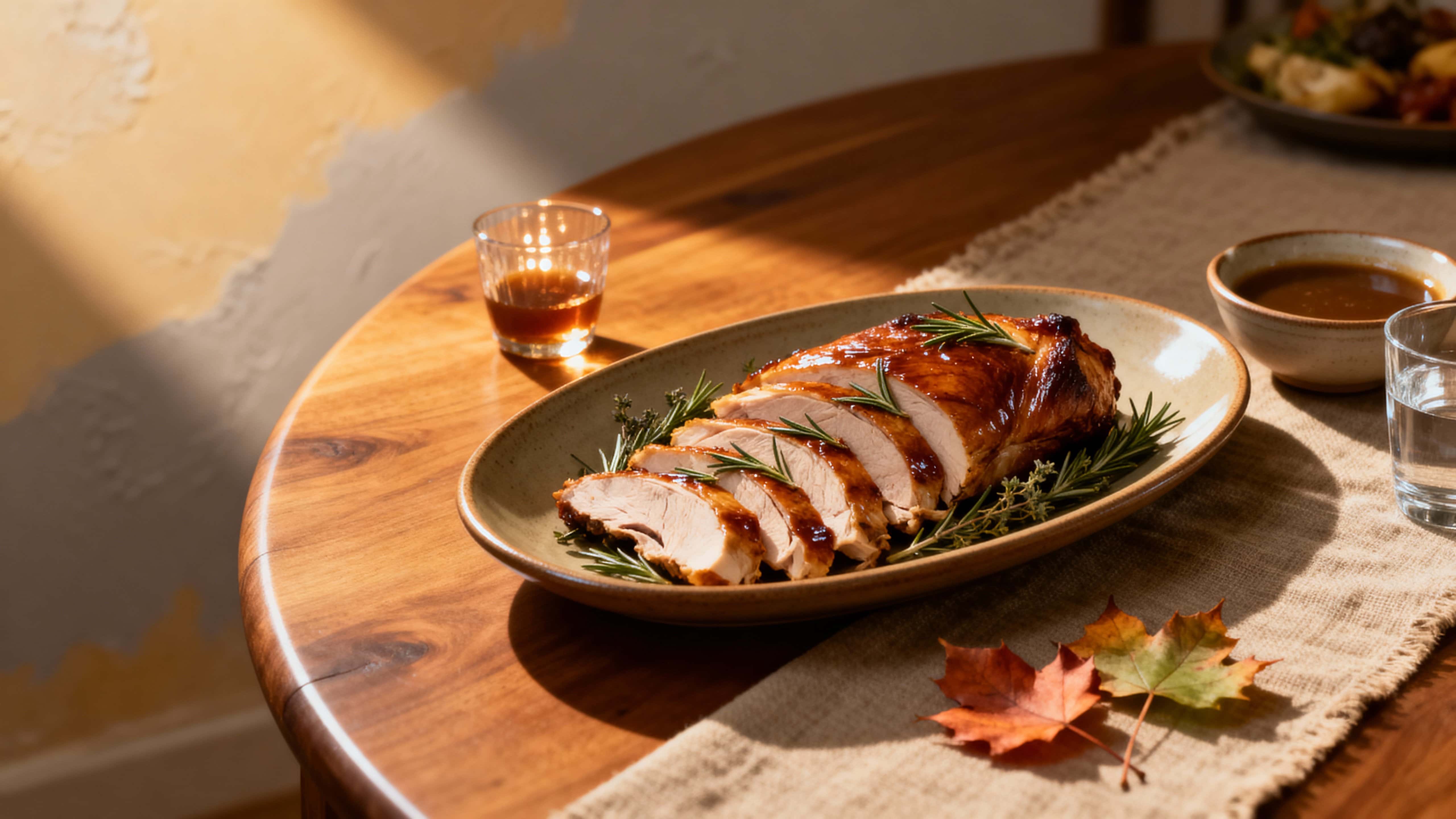 Low, intimate 16:9 cinematic photo of an oval matte platter with glossy roasted turkey slices, herbs and gravy on a warm wood table bathed in soft late-afternoon light.