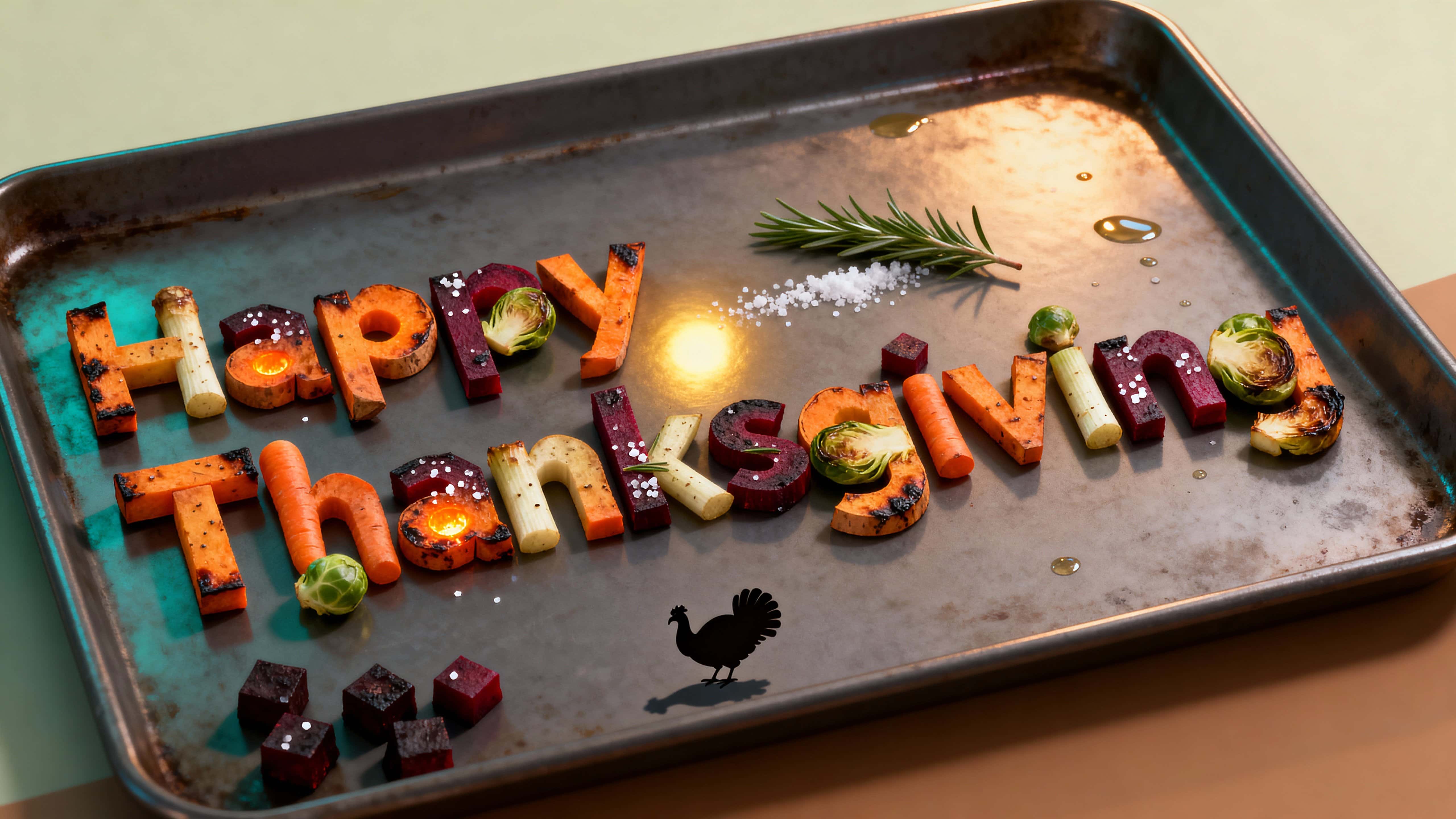 Cinematic 16:9 scene of 'Happy Thanksgiving' spelled with roasted sweet potato, carrot, parsnip, beet and sprouts on a matte baking tray with warm highlights and subtle teal fill.