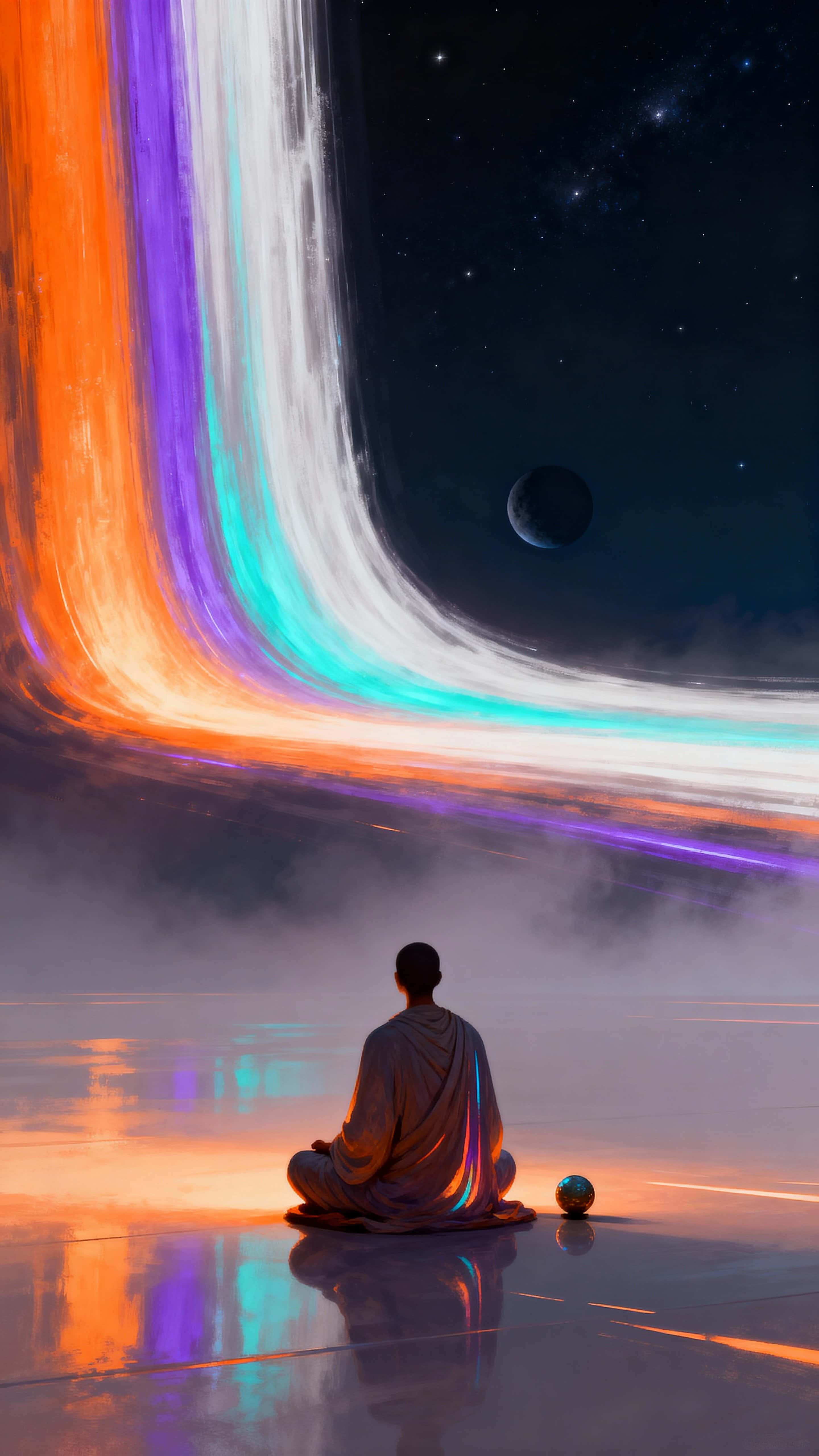 A lone robed figure sits on a smooth reflective surface beneath a dark star-filled sky, facing a massive vertical stream of luminous energy that bends overhead while a small dark planet hangs far away, creating a serene, contemplative scene