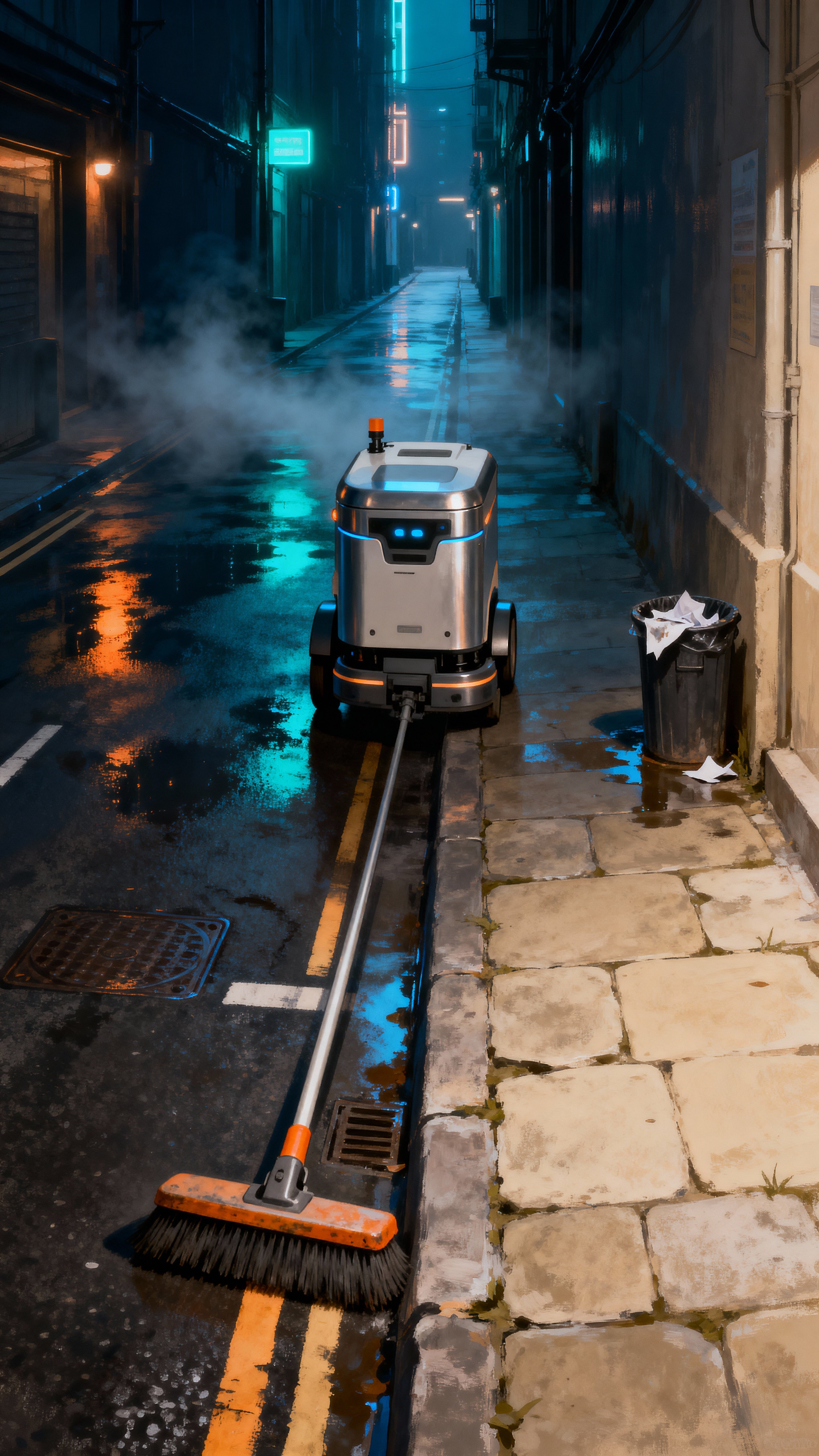 A solitary street cleaning robot moves through a rain-slick urban alley at night under soft neon glow, framed vertically for a 9:16 composition to emphasize height and isolation.