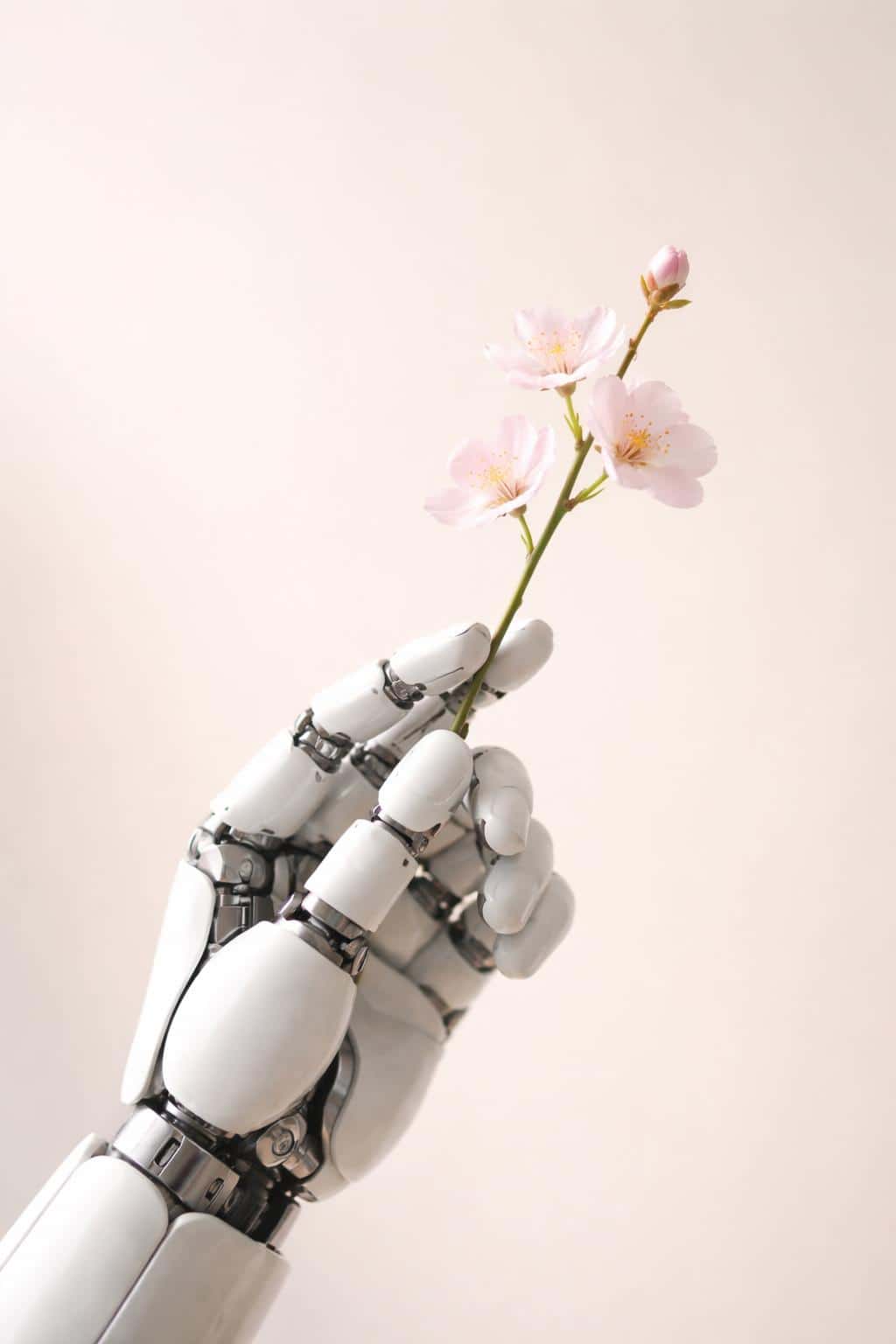 A photographic still-life of a robotic hand holding a single blossom, rendered with soft studio light and minimalist cream background for poster or cover use.
