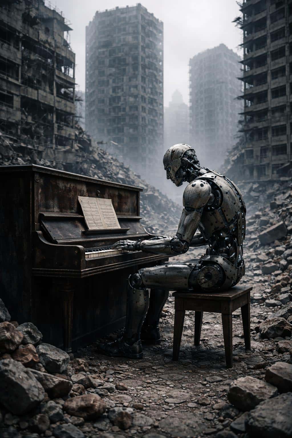 Photoreal 3D-render of a lone humanoid robot playing an upright piano amid a ruined cityscape, framed for a 2:3 portrait aspect ratio with cinematic light and rubble foreground.