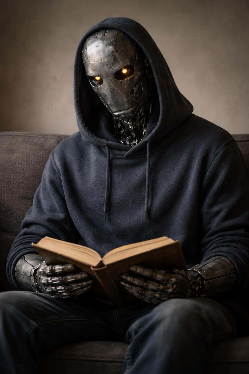 A seated humanoid robot in a grey hoodie reads an old book in a moody portrait-photography style, tightly composed for a vertical 2:3 poster-cover with cinematic side light and shallow depth.