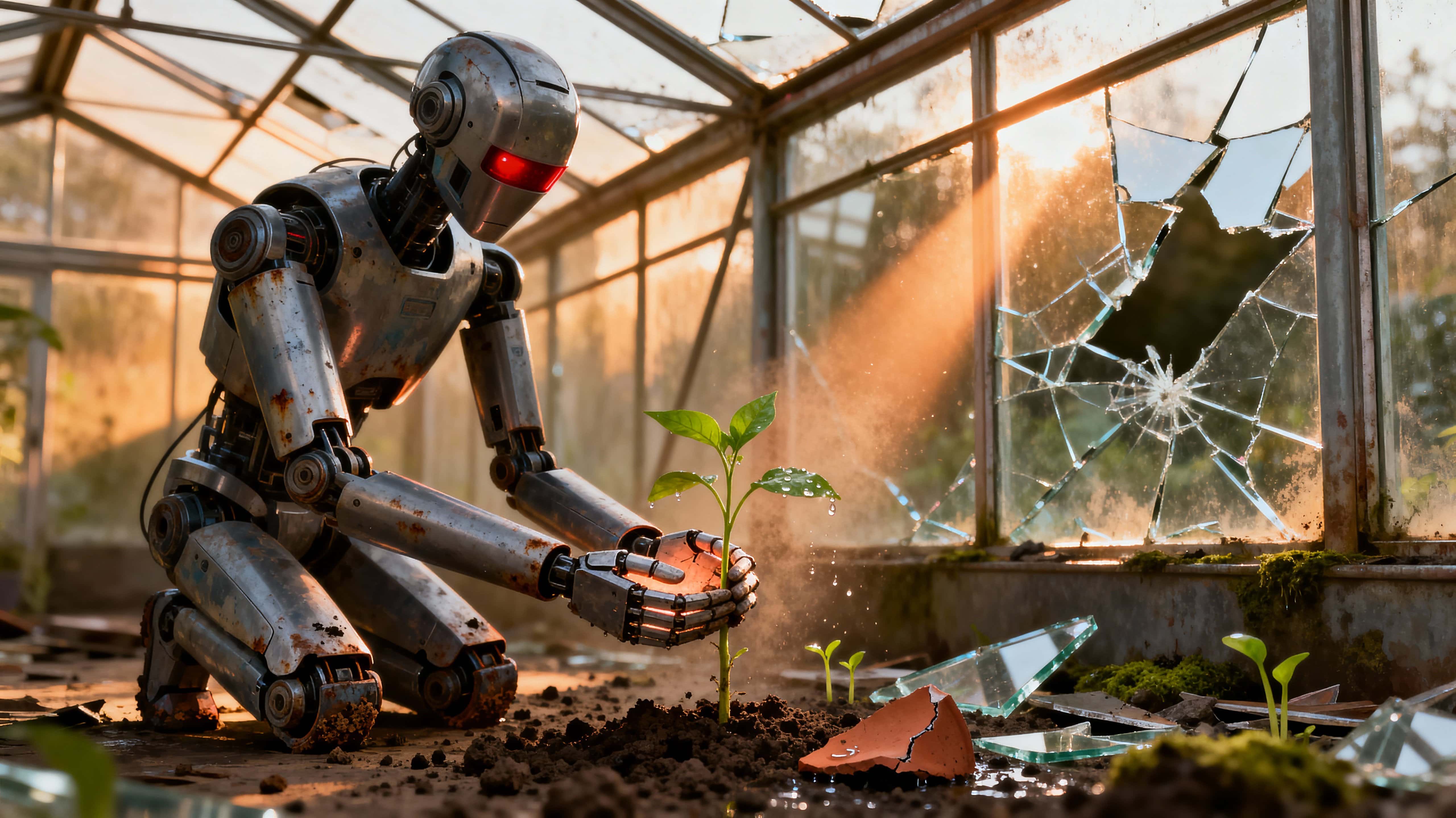 Photorealistic scene of a small robot carefully supporting a fragile sapling inside a broken greenhouse, warm dust-filled sunlight, intimate and hopeful mood.