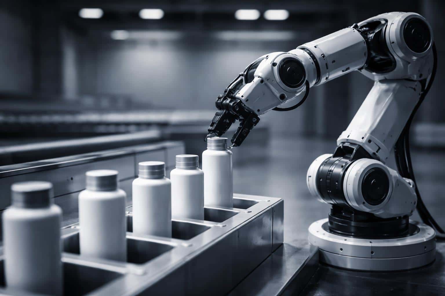 A 3D industrial visualization of a robotic arm placing products into precise slots within a 3:2 layout, designed as a polished poster-cover for technical presentation.