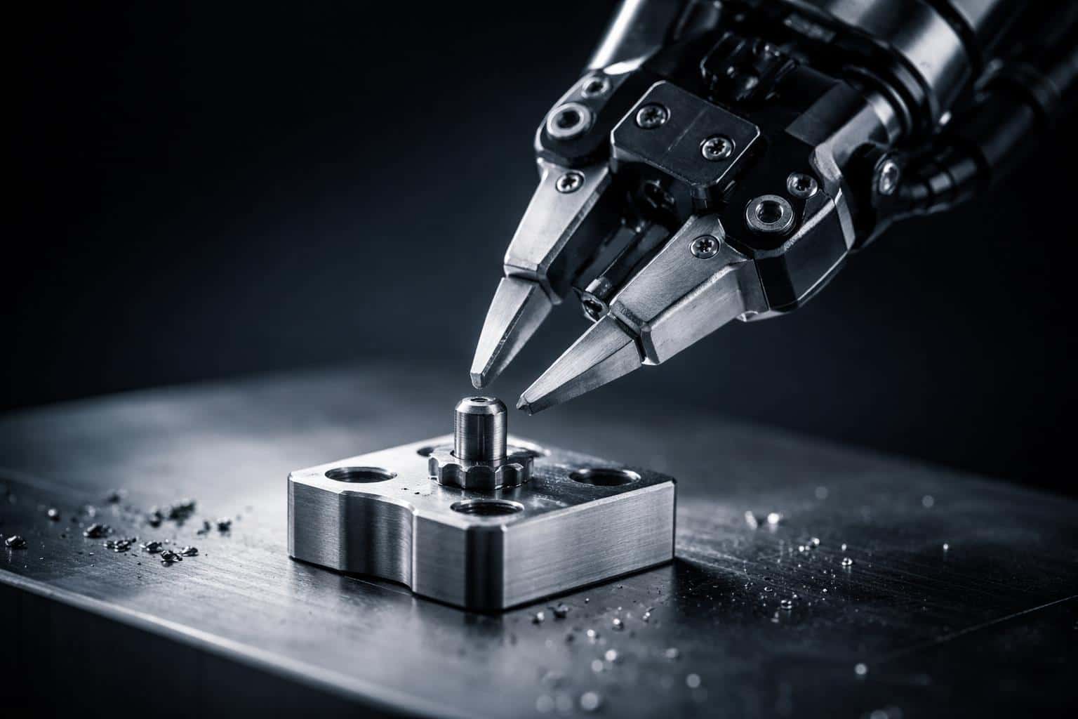 Close-up macro product photograph of a robotic arm assembling a small precision metal component with tight 3:2 framing, crisp contact and industrial realism.