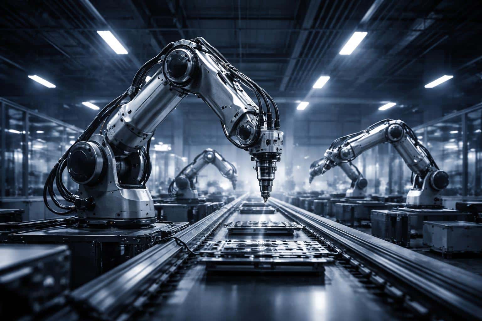 Industrial photography of a modern factory floor with multiple robotic arms in precise motion, crisp low-angle composition and controlled lighting for a poster-cover or editorial image.