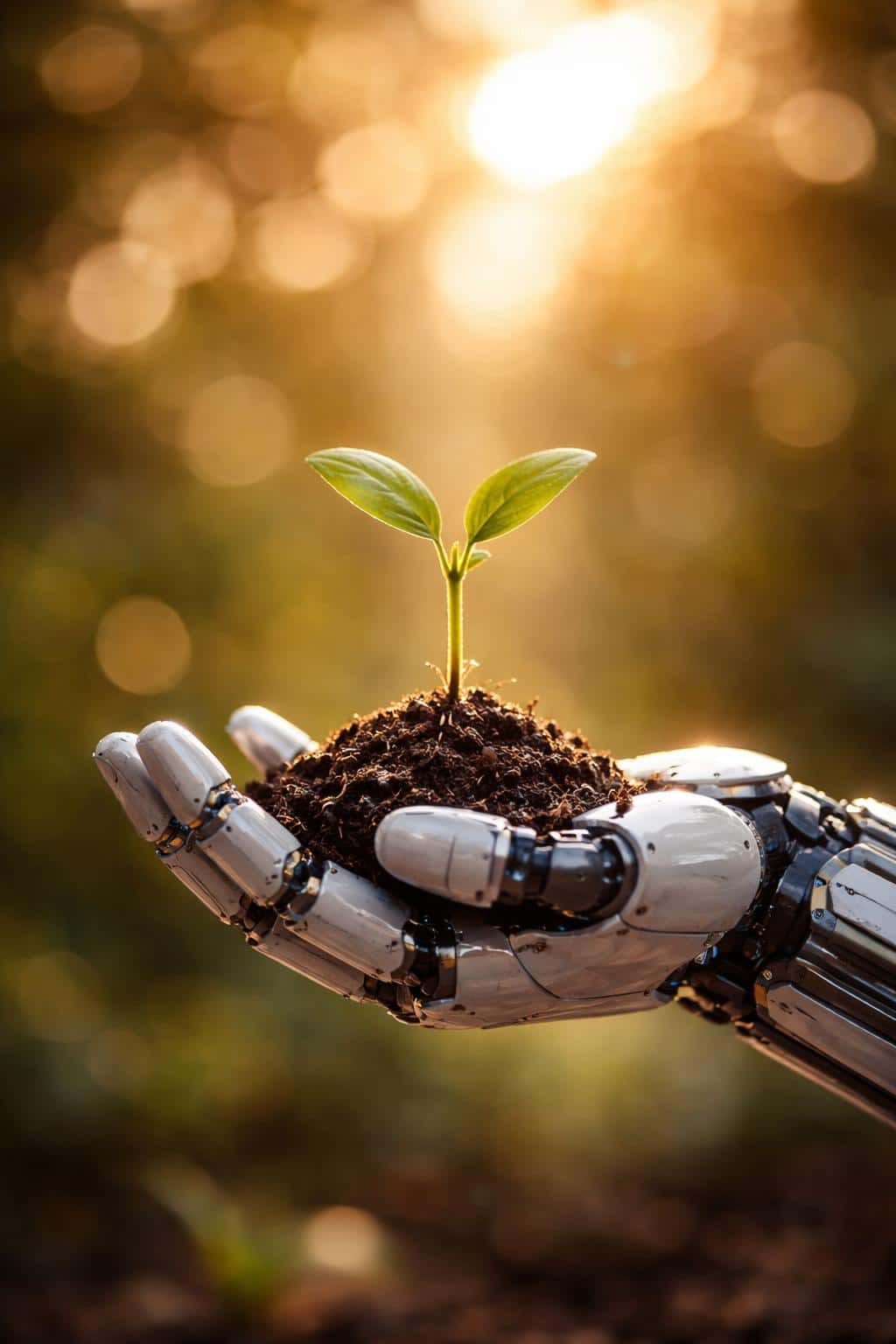 Close-up macro photograph of a robotic hand gently holding a small seedling with soil, shot for poster use with shallow depth, warm backlight and strong bokeh.