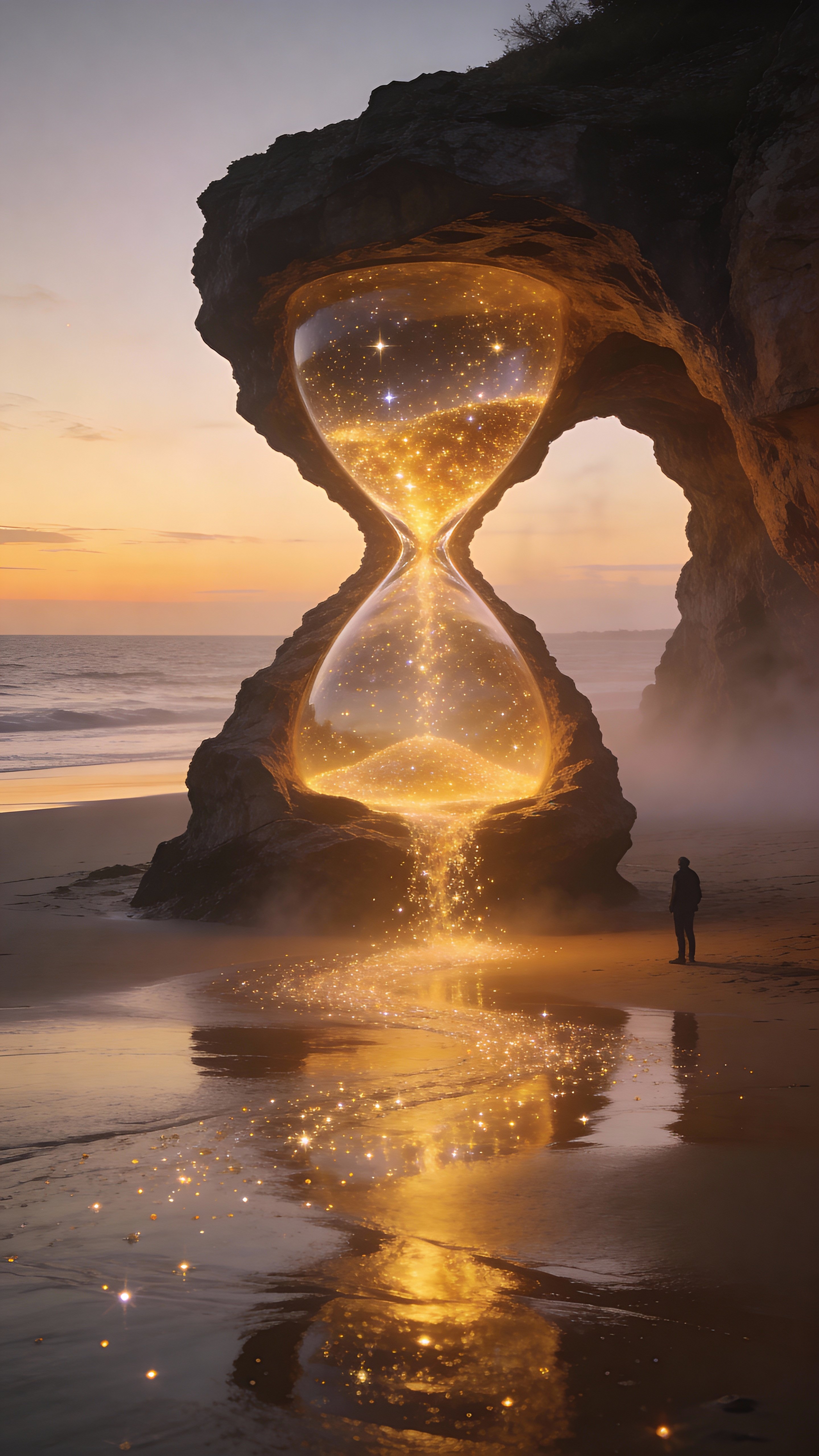A cinematic surreal dusk scene of a massive hourglass-shaped rock arch pouring glowing golden stardust between chambers onto wet reflective sand by a calm ocean horizon, with a lone human for scale.