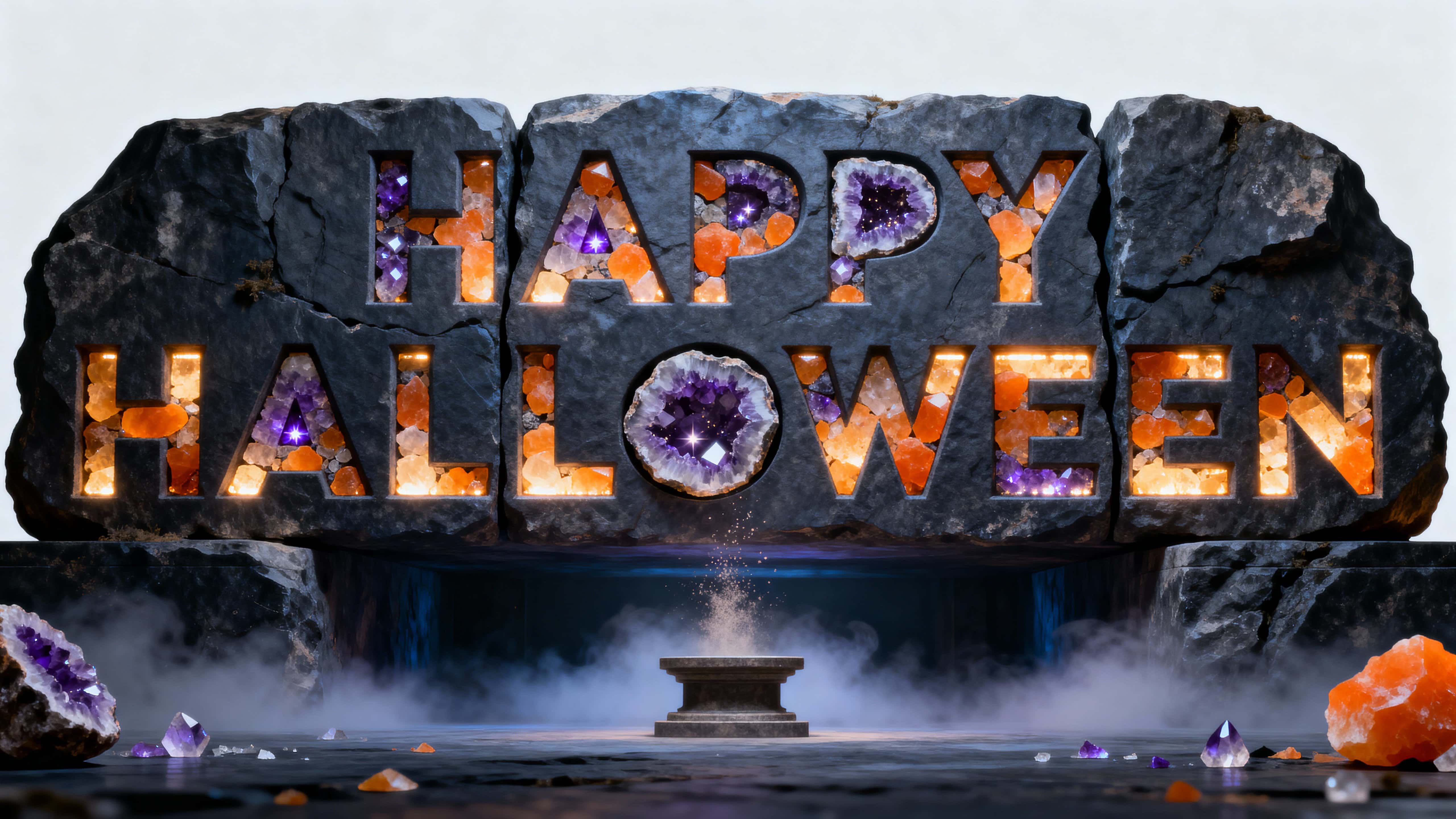 Full-frame 16:9 scene of monumental rock slabs carved with "HAPPY HALLOWEEN" and inlaid with amethyst and orange calcite geodes, glowing subtly in cool, opulent foggy light.