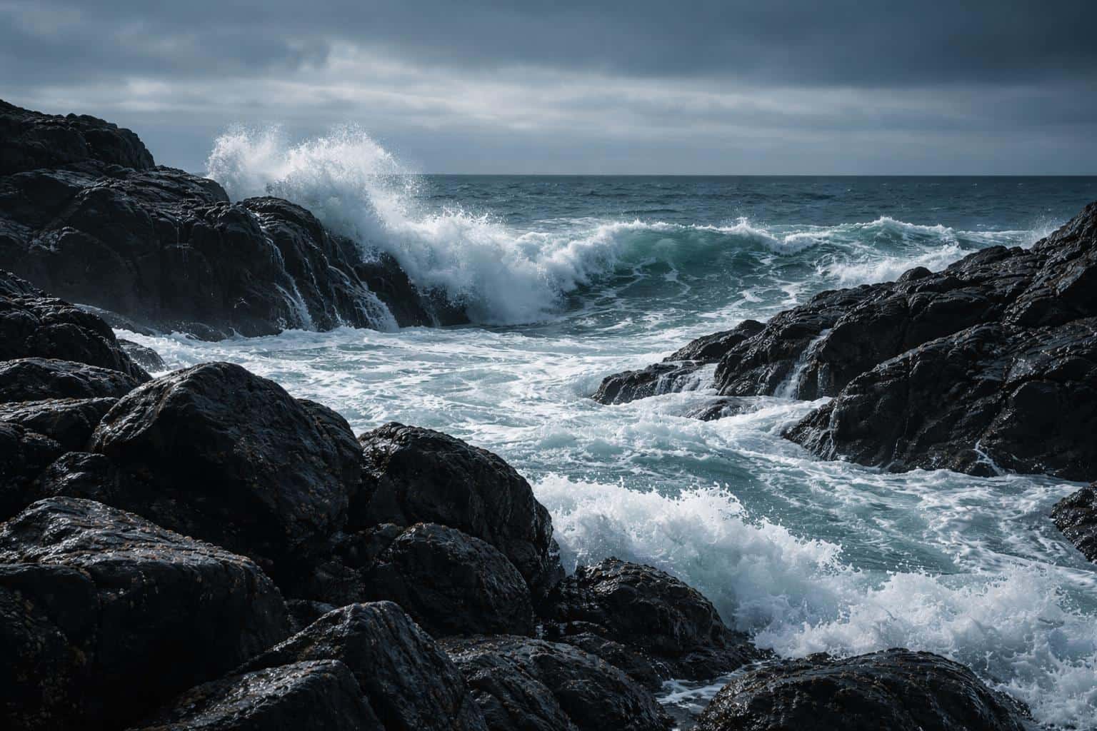 Dramatic landscape photograph of a rocky coastline with crashing ocean waves, strong surf and wet stone textures, composed and cropped for a 3:2 frame for poster use.