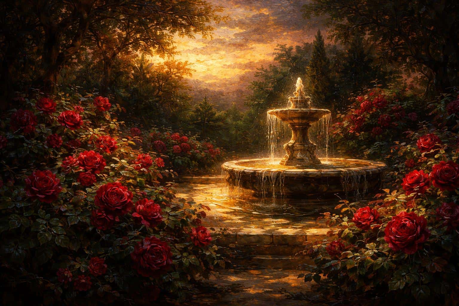 Lush twilight romantic garden in a 3:2 oil painting, impasto red roses and dark foliage surround an overflowing marble fountain glowing with warm golden sunset light.