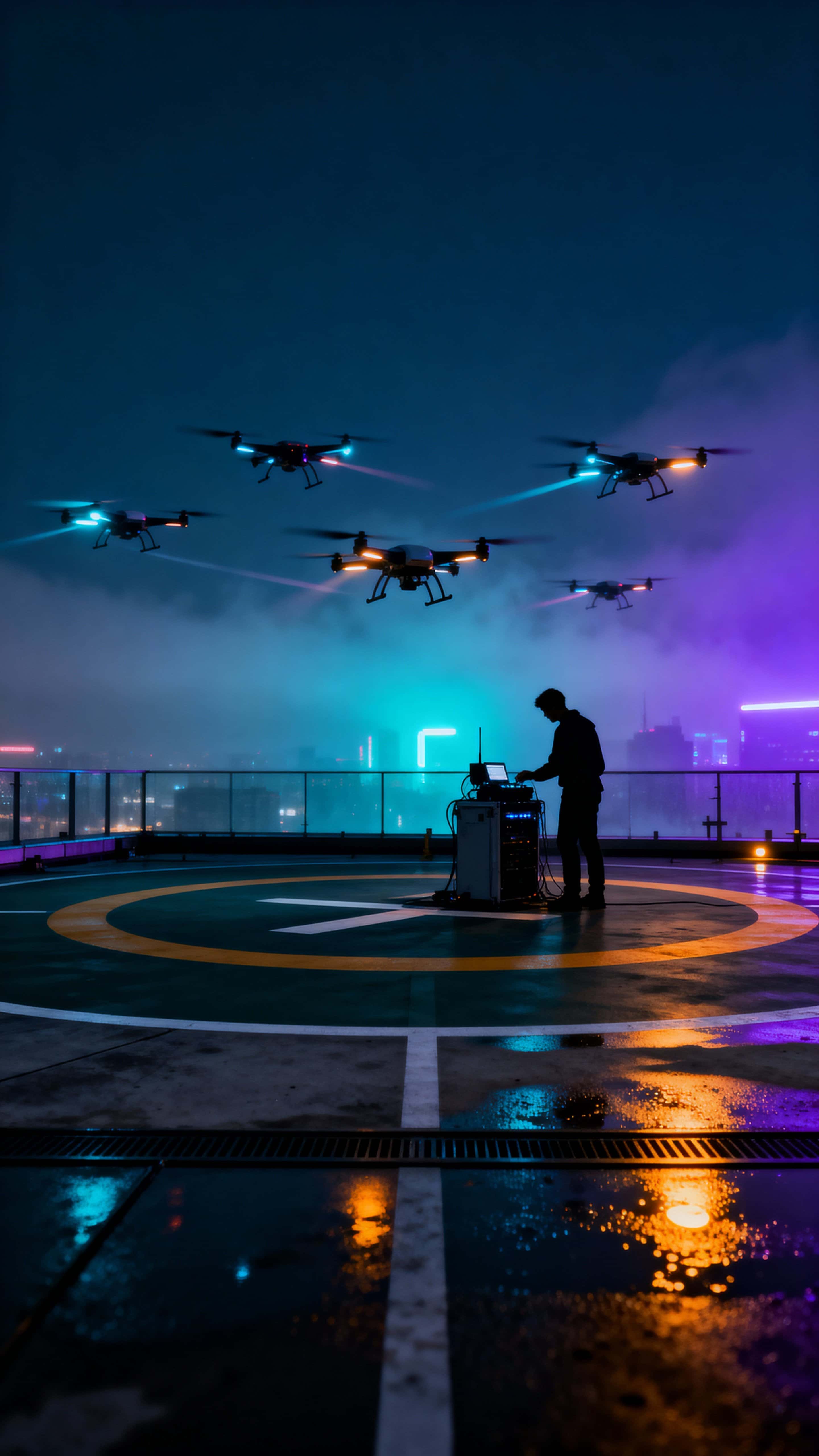 A vertical sci‑fi rooftop scene showing agile drones flocking above a lit helipad, cool neon glows and misted air framing a tense, cinematic urban moment for concept art and storyboard use.