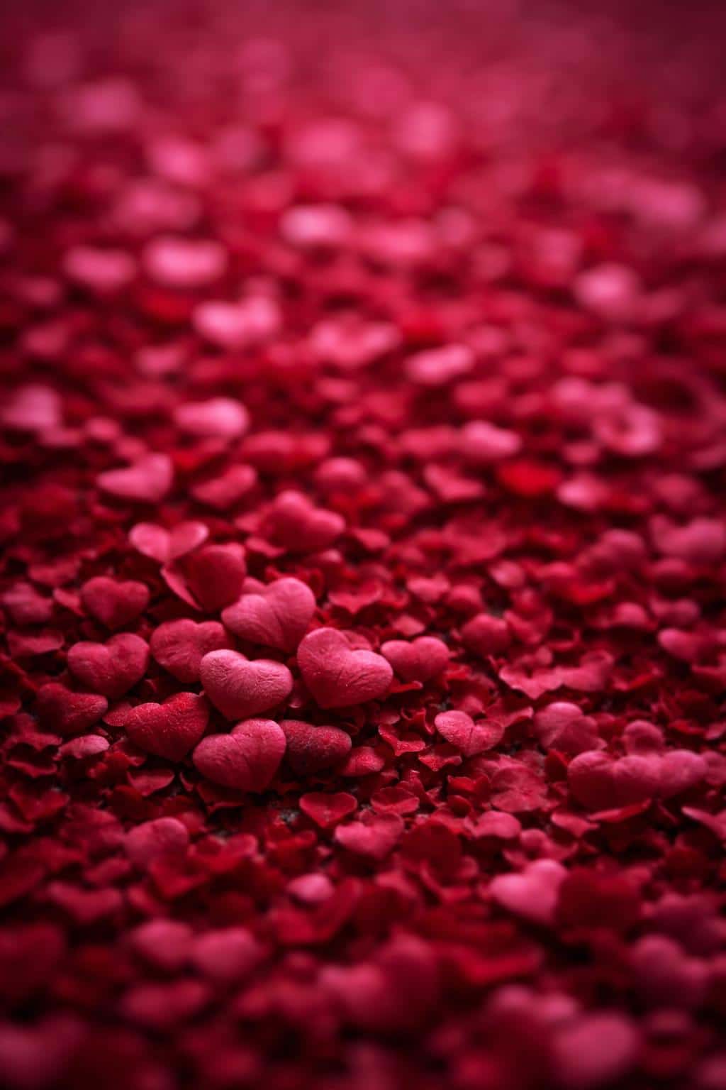 Close-up macro photograph of numerous rose-petal hearts arranged as confetti within a 2:3 vertical frame, with soft bokeh and tactile petal textures for wallpaper use.