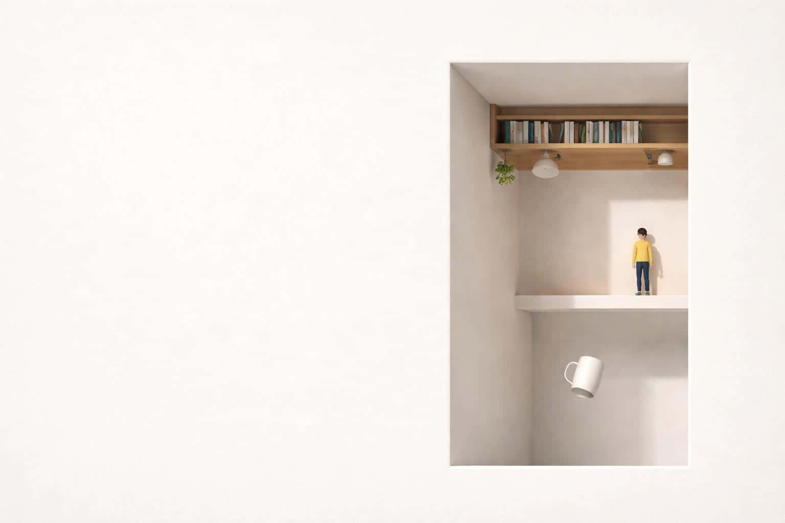 Minimal 3:2 scene with a pale gradient matte background and broad left negative space, revealing a right-third cutout where gravity is sideways with a small figure and a floating cup.