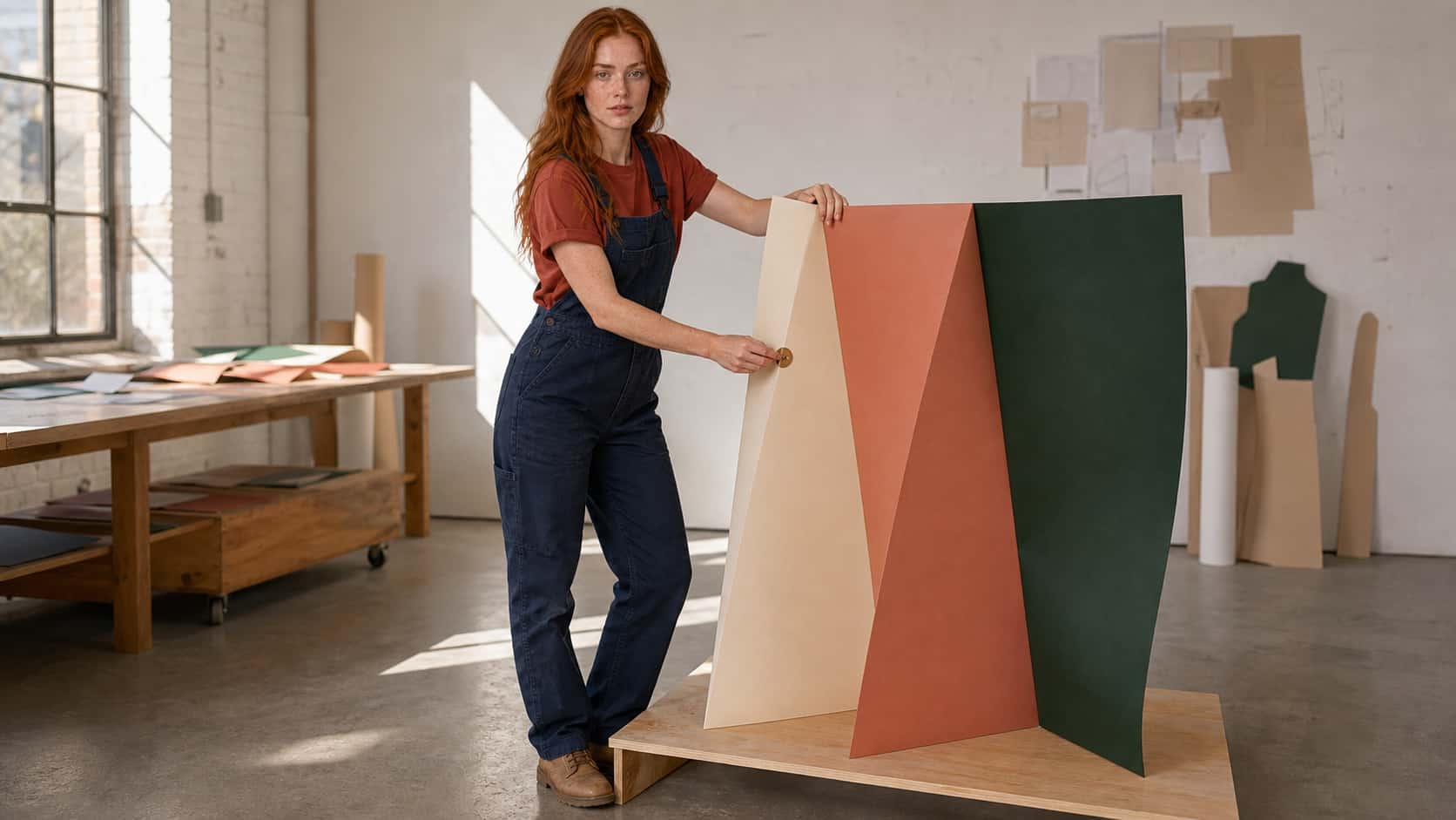 A wide studio scene tests Rowan’s identity, long hair, body proportions, hands, and interaction with a structured three-panel sculpture.
