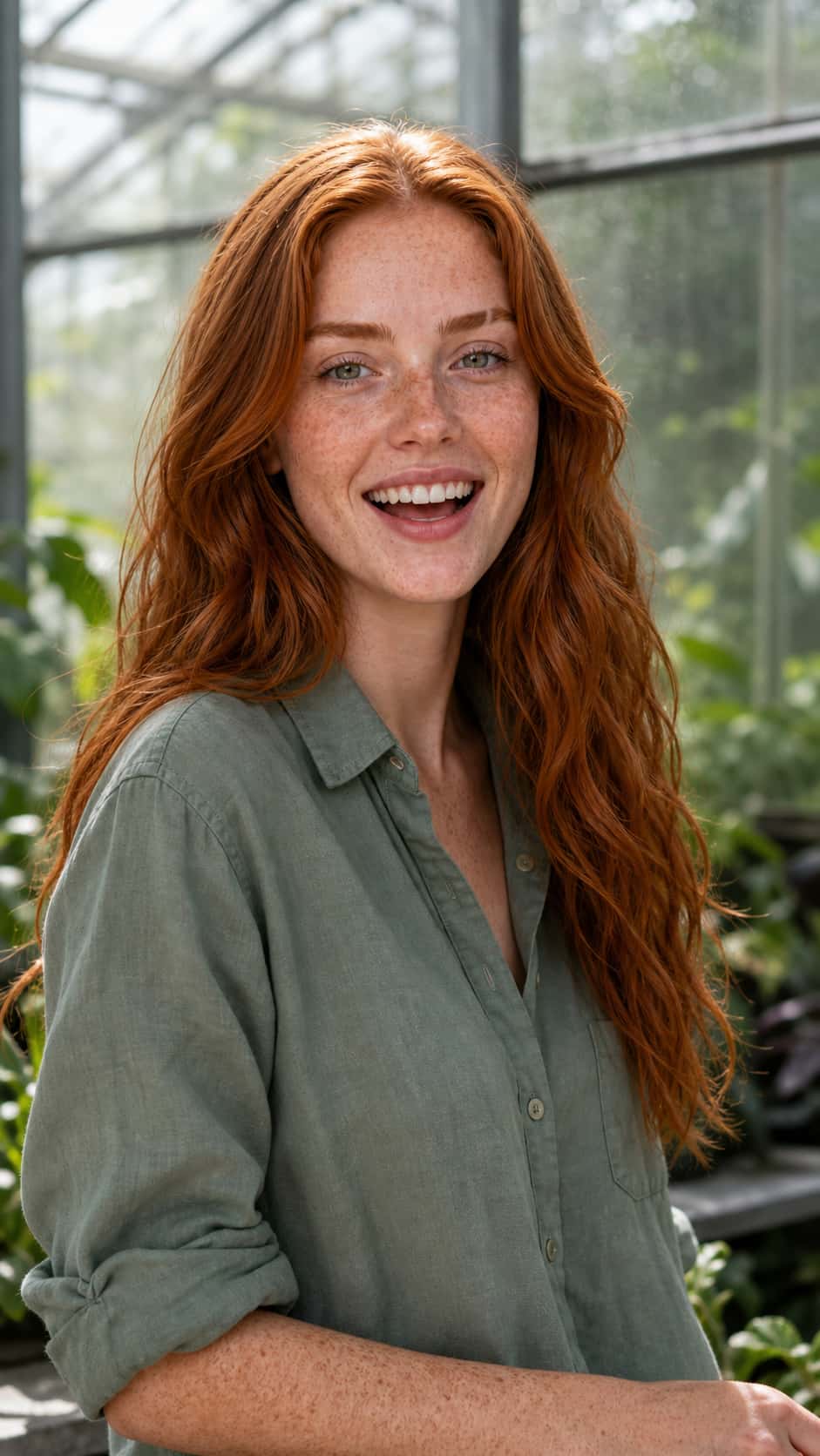 A candid greenhouse portrait tests whether Rowan’s expressive face preserves her freckles, gray-green eyes, eyebrow notch, and copper waves.