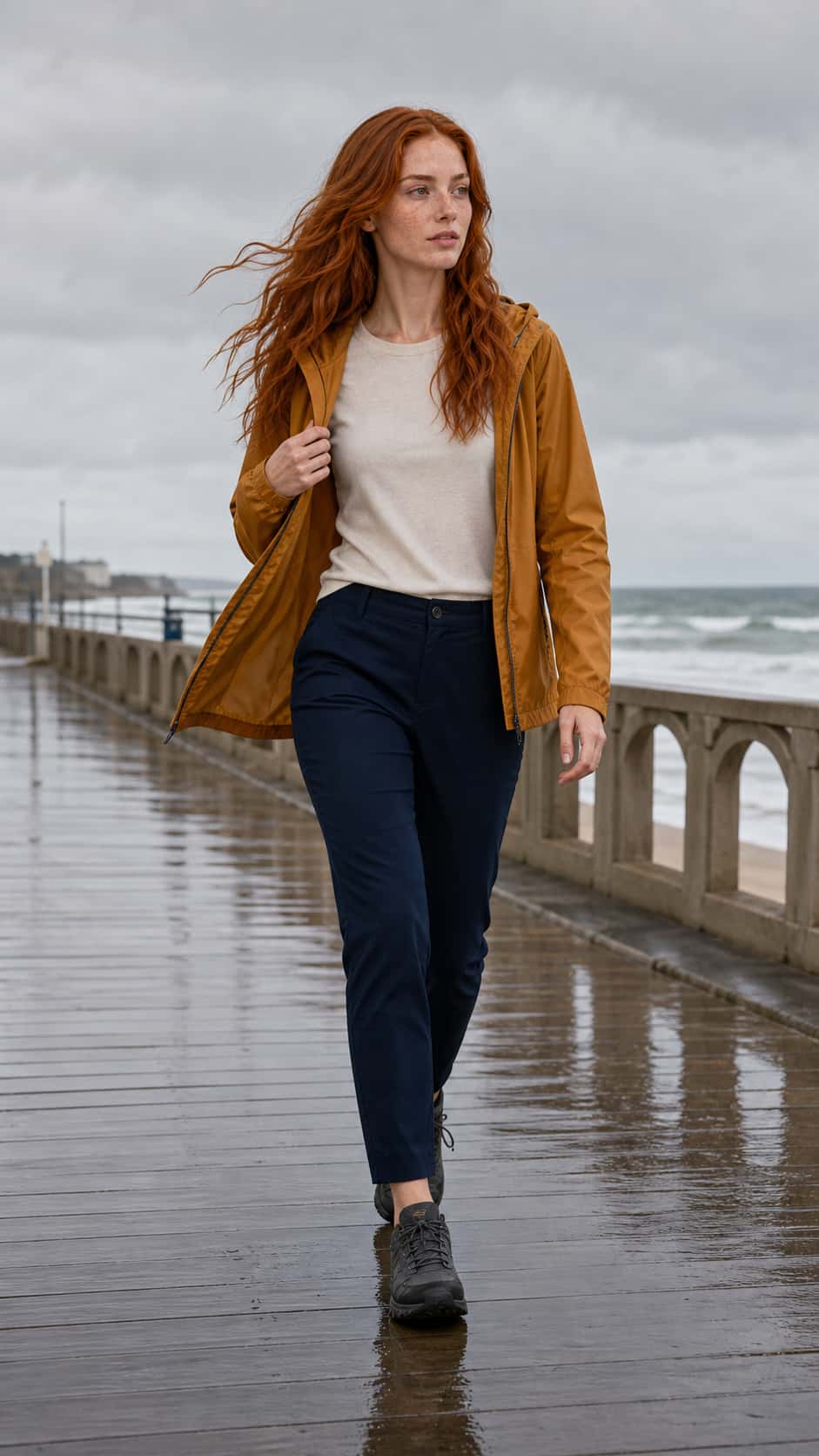 A full-body walking scene tests Rowan’s tall slim proportions, freckles, copper hair length, and identity under wind and wardrobe change.