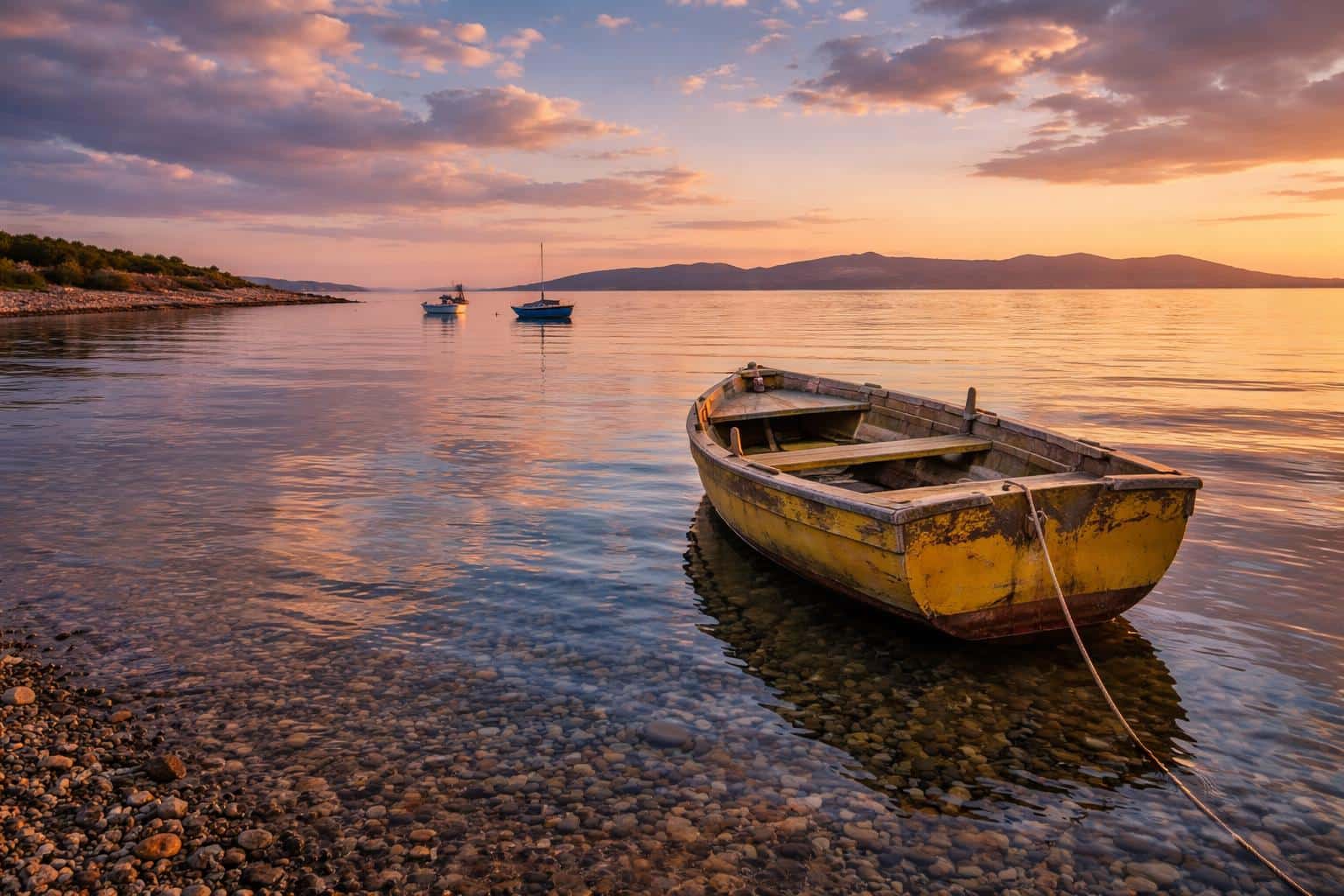 A faithful landscape photograph of a lone rowboat in shallow water at sunset, preserved for a 3:2 wallpaper-style composition with calm reflective mood.