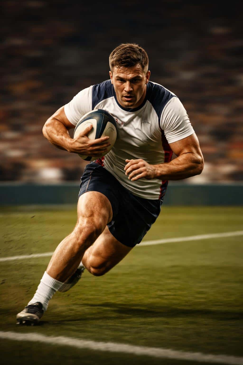 2:3 vertical sideline photo of a late-20s rugby player charging with ball, panning blur keeps him sharp as pitch lines and crowd streak laterally, clean space ahead, dark halo behind head, deep green shadows and warm amber light with subtle film grain.