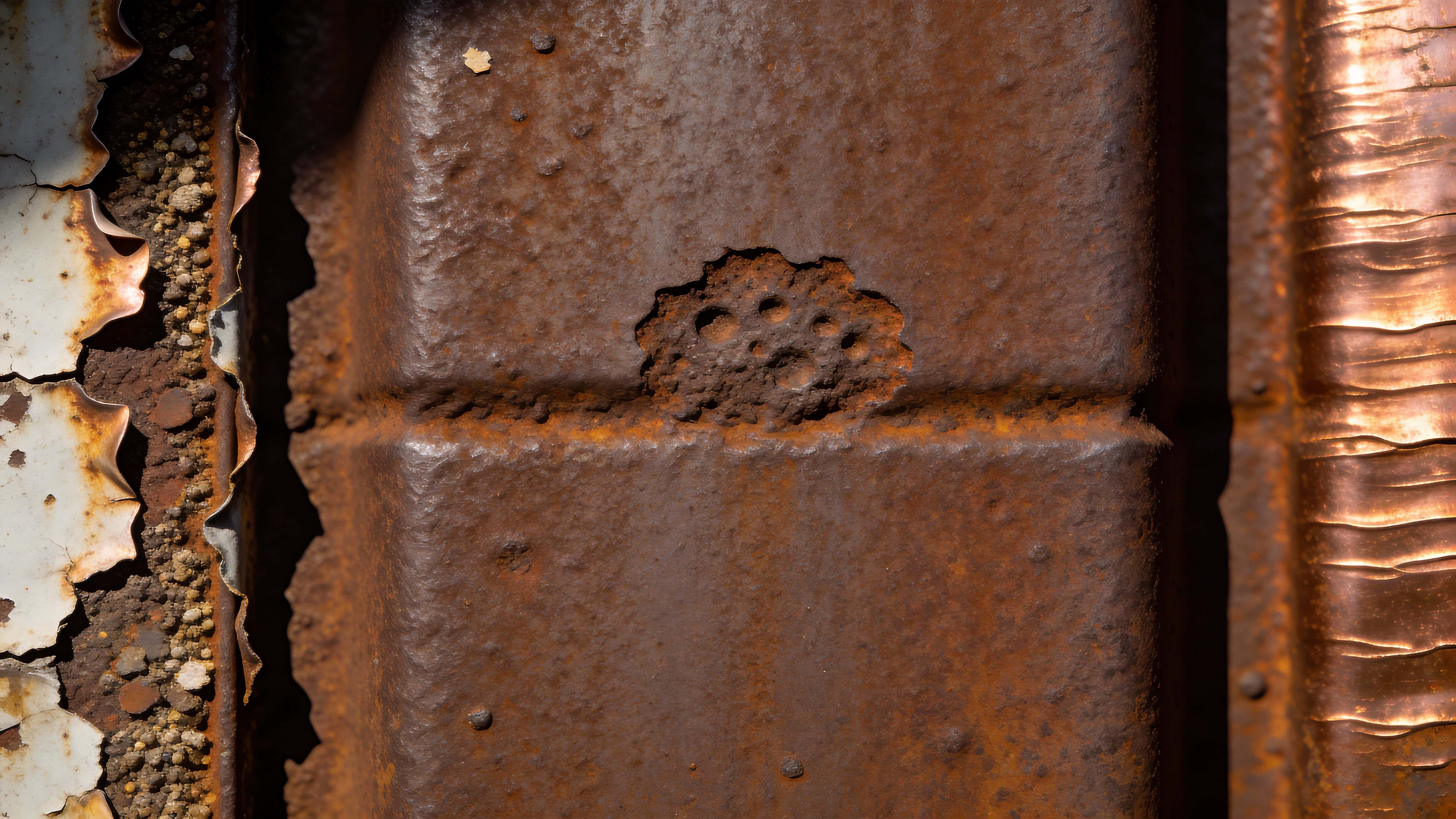 Close-up macro photograph of rusted metal showing layered oxidation, flaking paint and pitted patina with industrial grit, composed for use as a 16:9 background image.