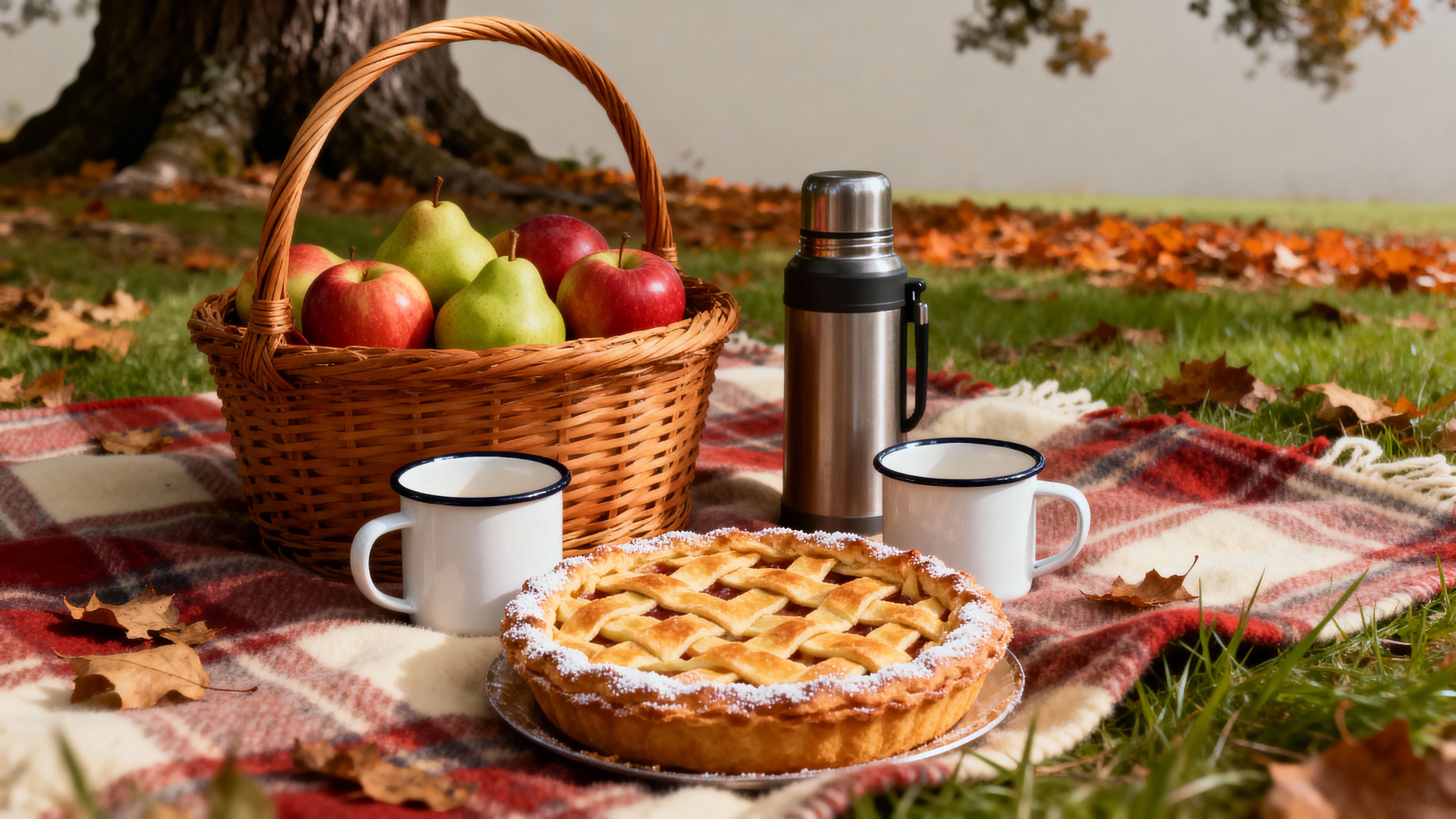 A warm late-afternoon picnic beneath an old oak, showing a woven basket overflowing with fruit and a freshly baked pie on a plaid blanket with soft amber-lit grass and scattered leaves.
