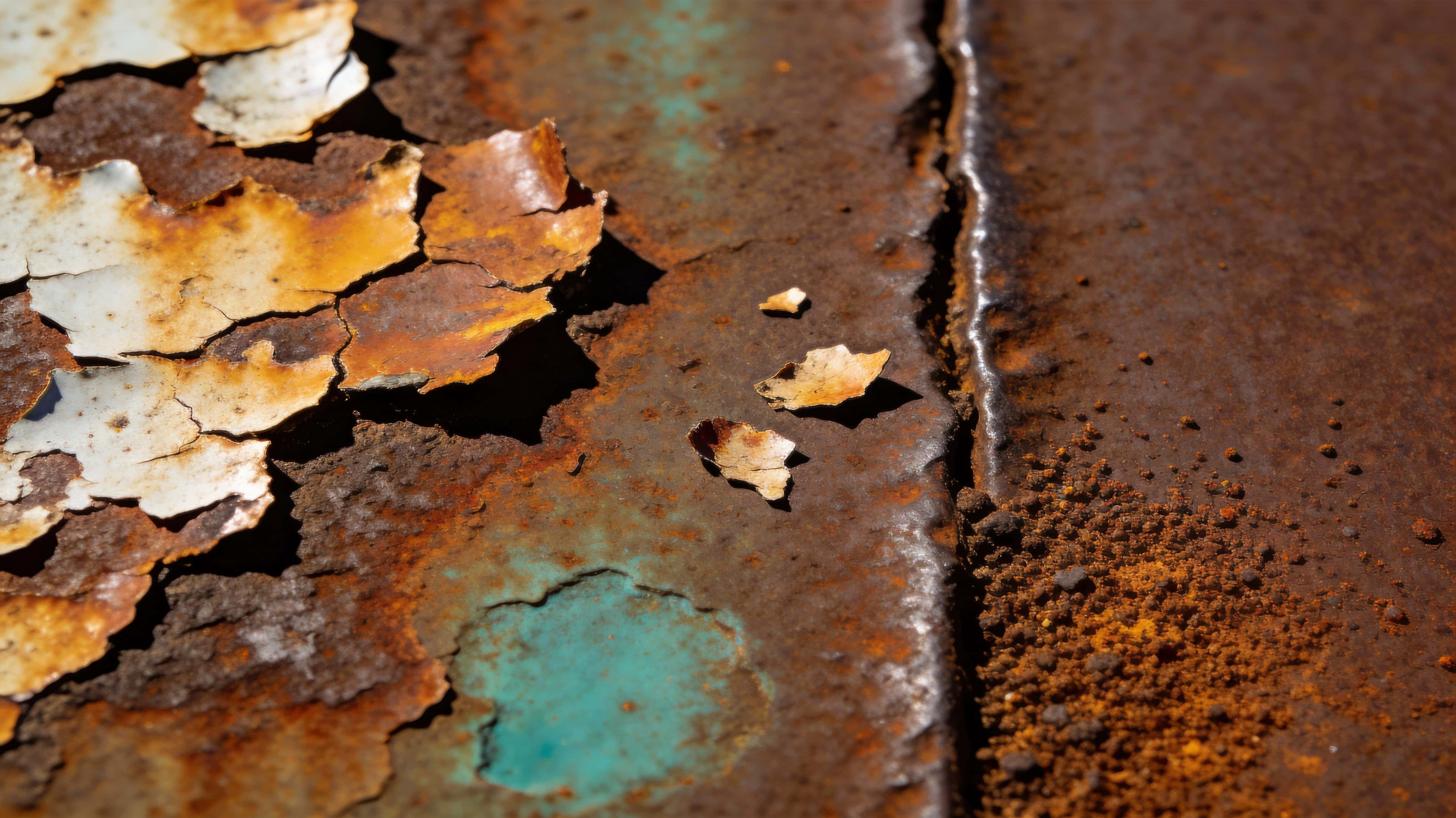 Close-up macro photograph of a rusty metal surface with peeling paint, layered patina and flaking rust textures composed for a 16:9 wallpaper or background.