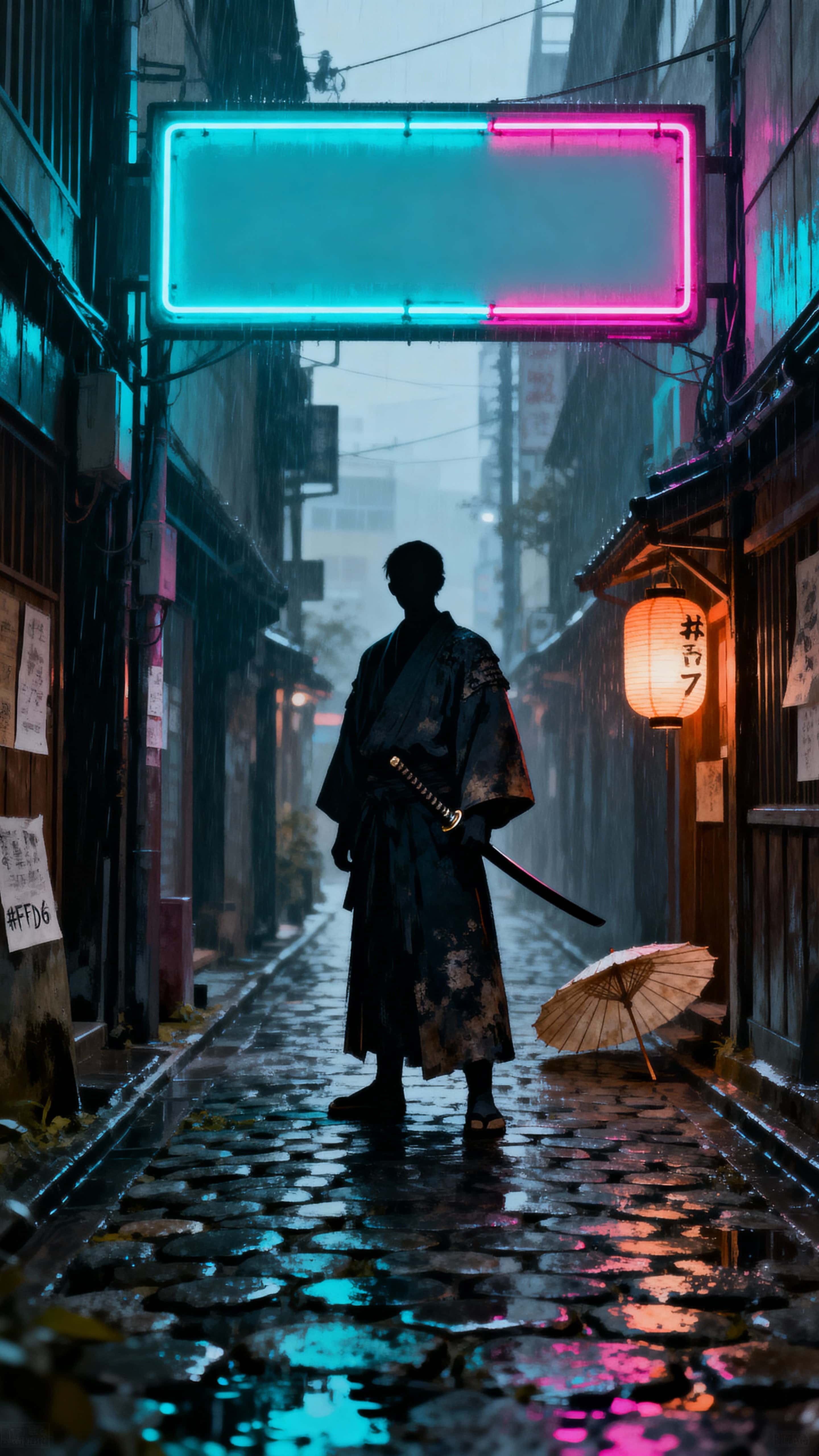 A lone samurai silhouette stands beneath a glowing neon sign in a rainy urban alley, framed vertically for a cinematic 9:16 portrait with moody contrast and tactile surfaces.