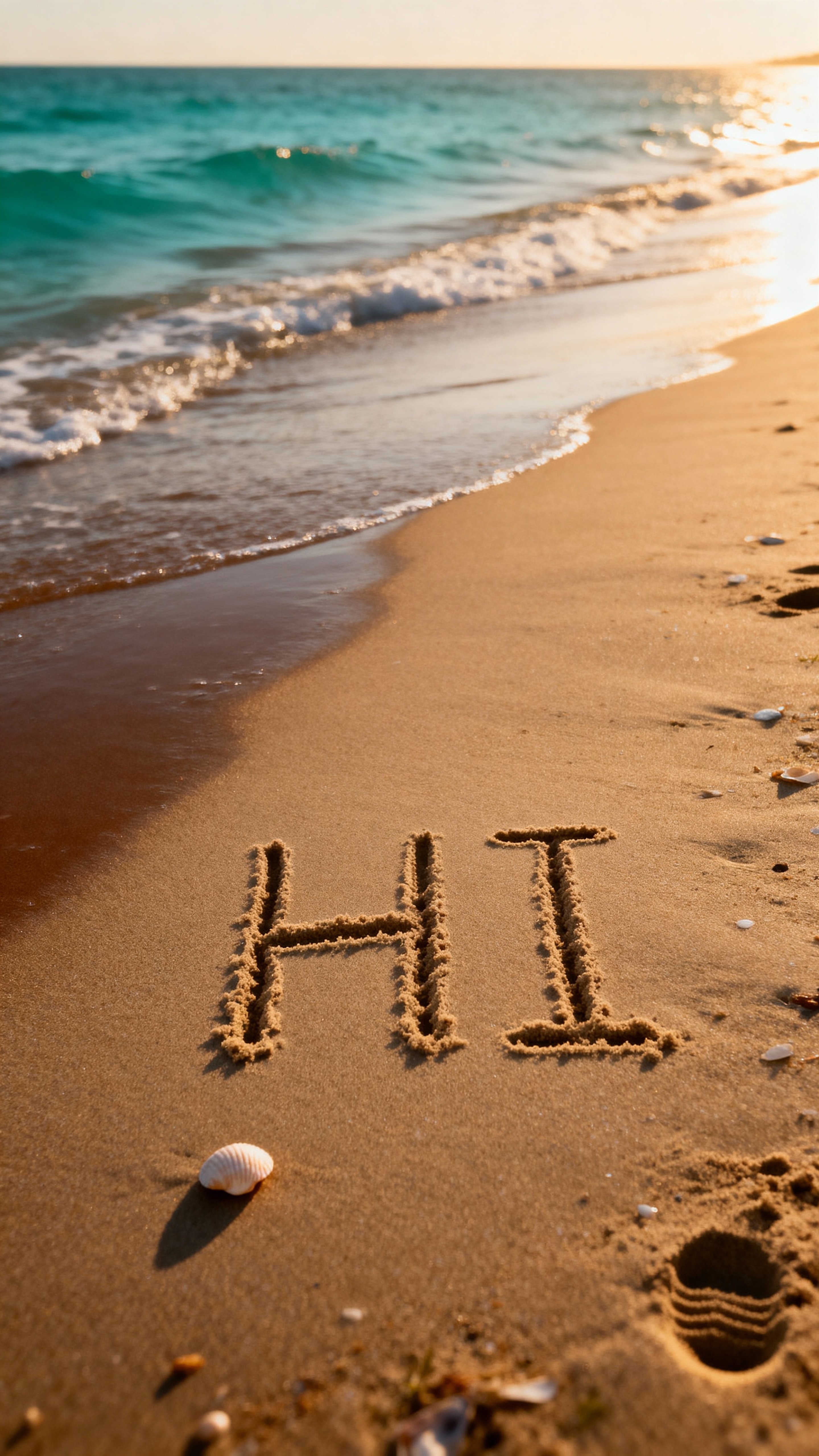 A vertical 9:16 photograph of the words "HI" traced into beach sand, captured with clear warm light and a calm shoreline to create a friendly social-media story image with natural texture and readable letterforms.