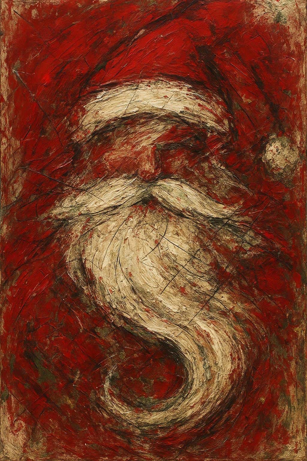 Tall 2:3 abstract expressionist canvas depicting Santa through wide gestural sweeps of deep red and creamy white, charcoal scratches, impasto texture, and pine-green and gold accents.