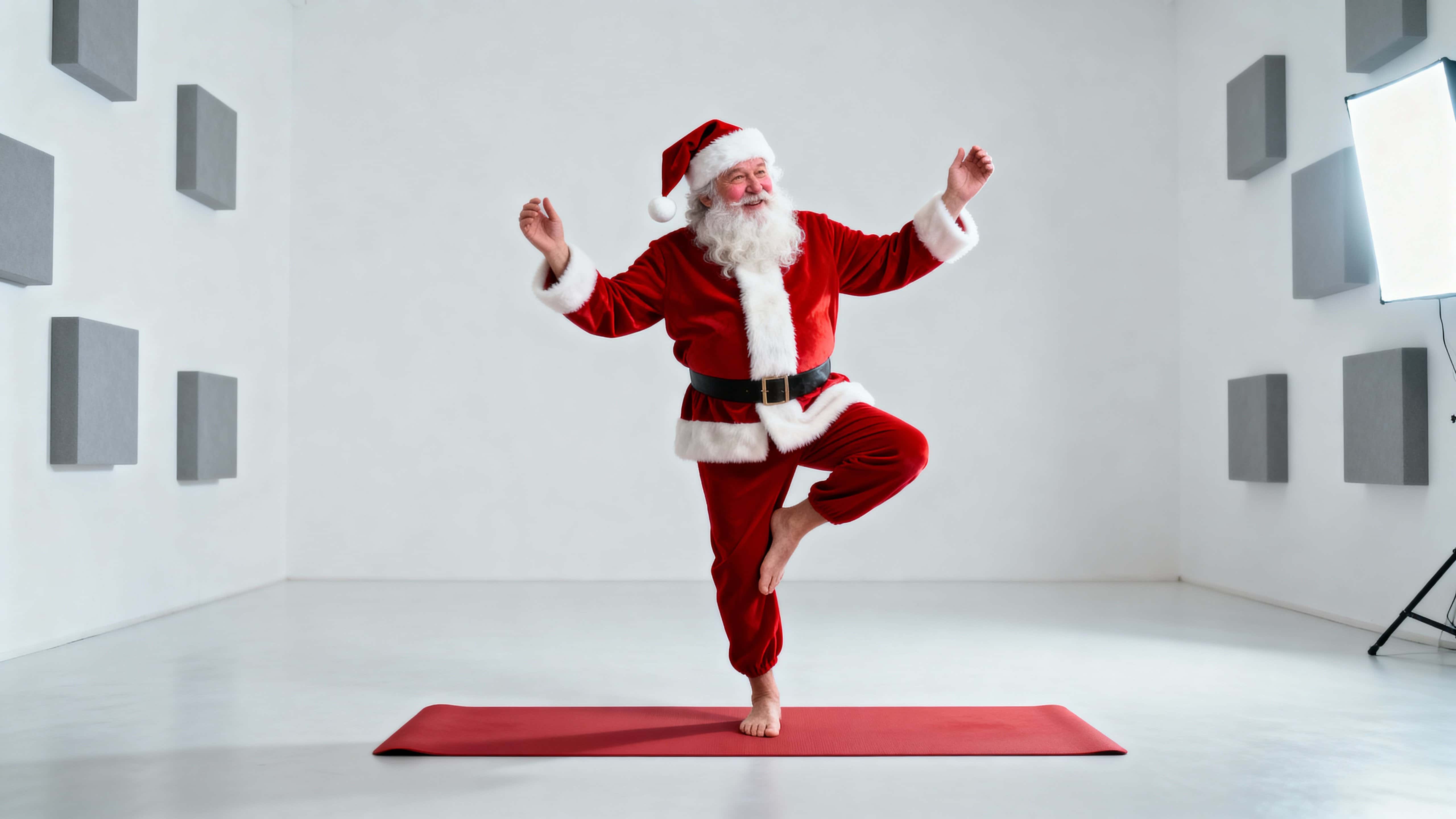 A bright, polished commercial-style photo of Santa wobbling in tree pose on a red mat in a minimal white studio, light and humorous in mood.