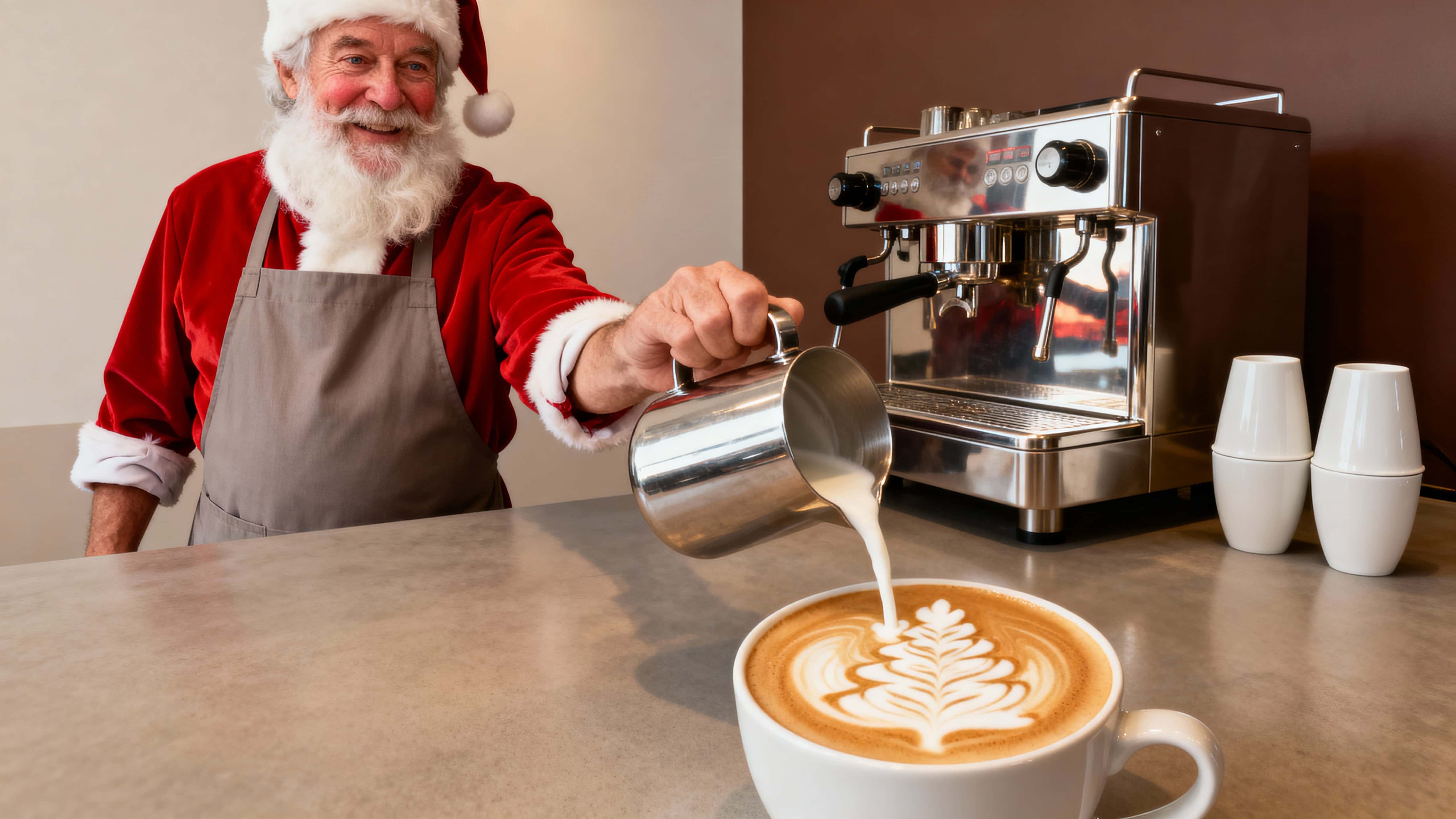 Photographic lifestyle scene of Santa as a barista in a minimalist coffee bar, pouring milk into a white cup to form a festive tree, bathed in warm golden light.